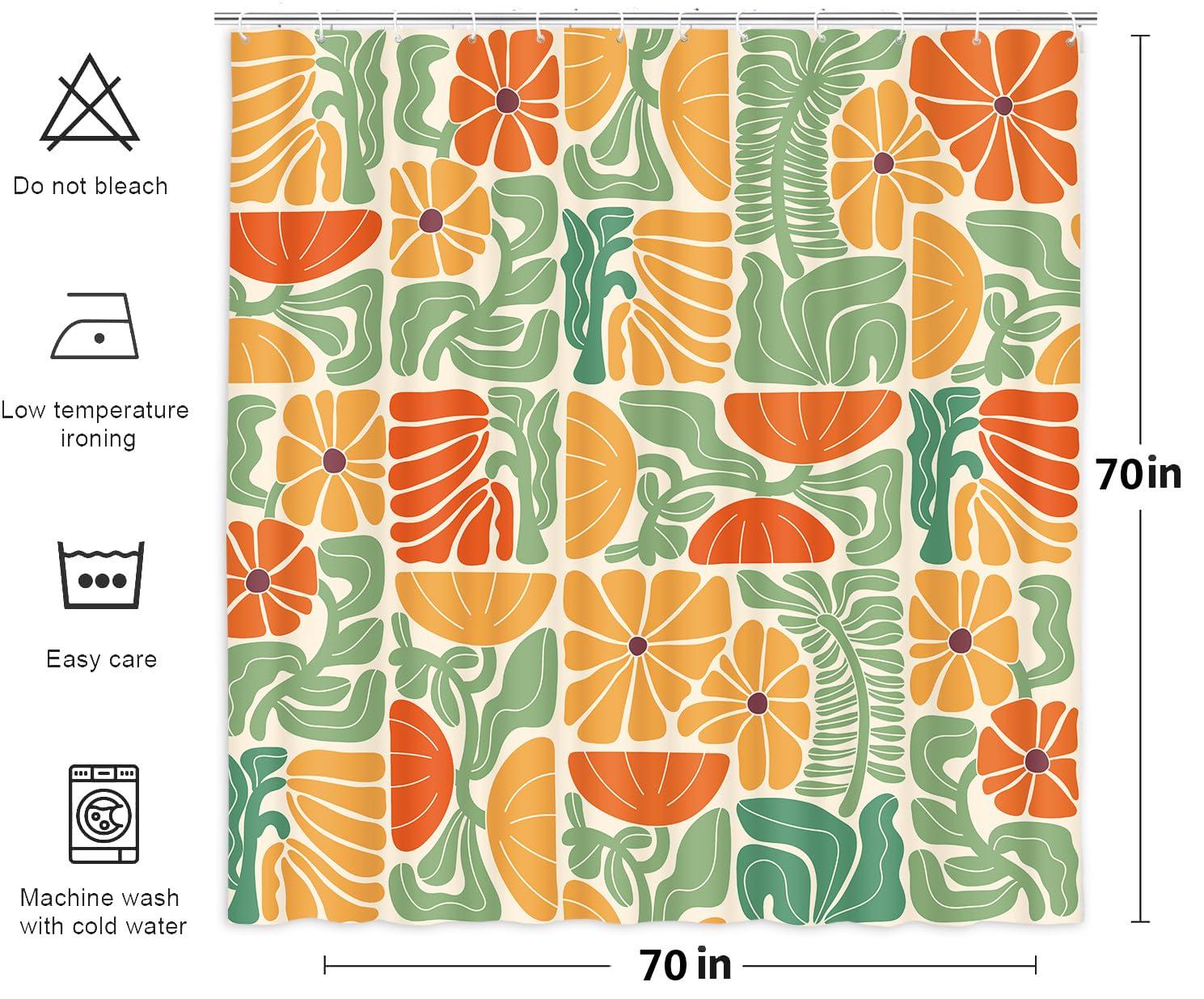 Lark Manor™ Boho Abstract Colorful Floral Shower Curtain, Vintage Retro Patchwork Orange Green Flower Botanical Geometric Bathroom Decor Shower Curtain Set With 17 Hooks,(Flower)