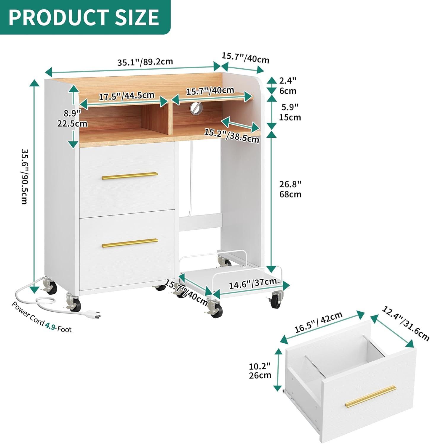 DWVO File Cabinet with Charging Station and Paper Shredder Stand, Printer Table Cabinet Rolling File Cabinet with 2 Drawers and Open Storage Shelves for Home Office, White