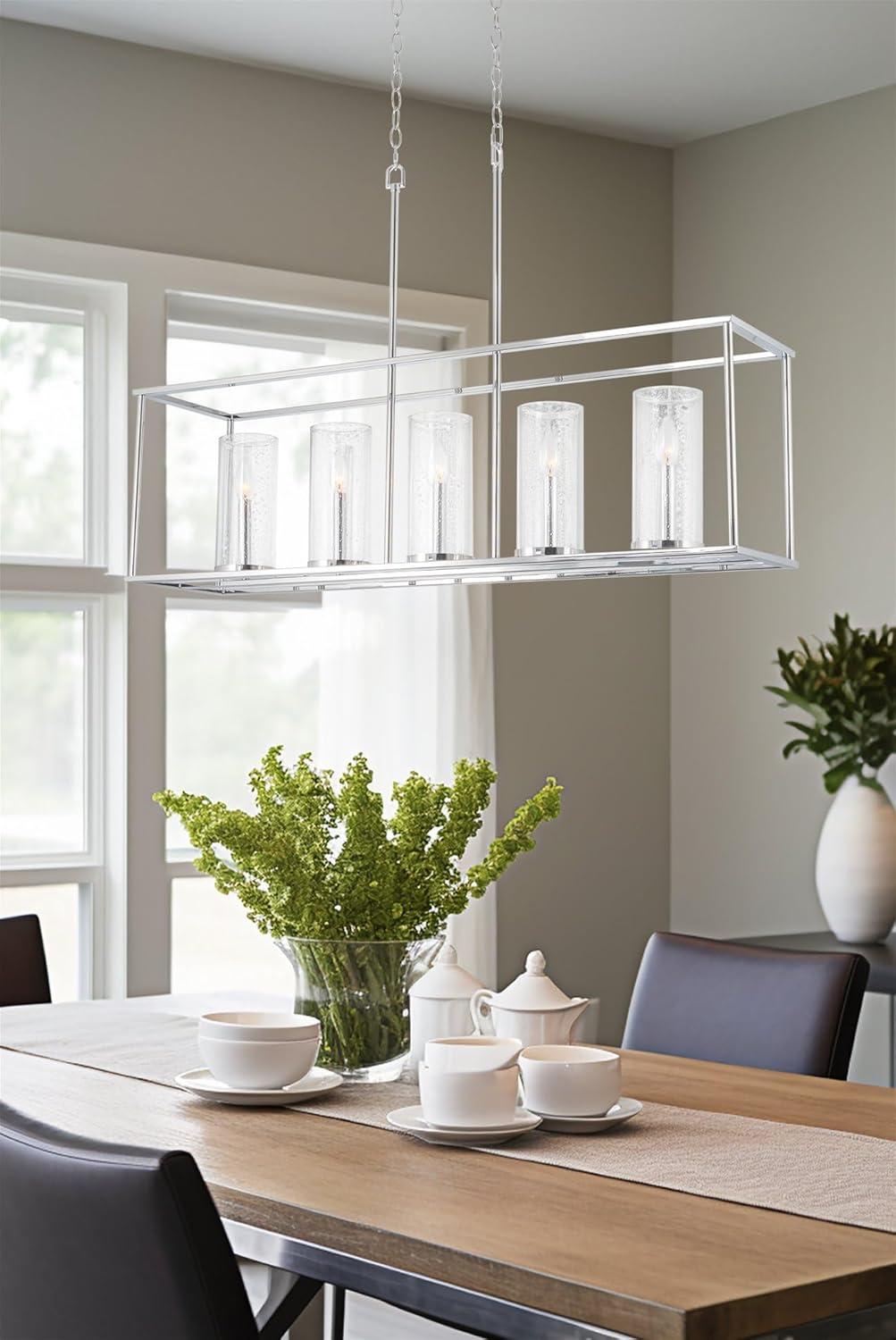 Kira Home Keller 41" 5-Light Modern Island Light + Seeded Cylinder Glass Shades, Adjustable Hanging Height, Chrome