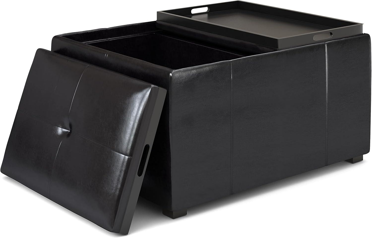 Simpli Home Avalon 34in.W Coffee Table Storage Ottoman in Midnight Black Faux Air Leather