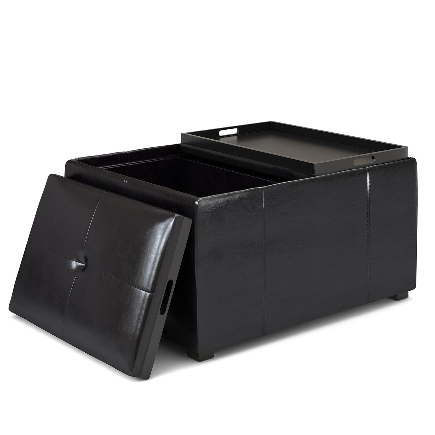 Simpli Home Avalon 34in.W Coffee Table Storage Ottoman in Midnight Black Faux Air Leather