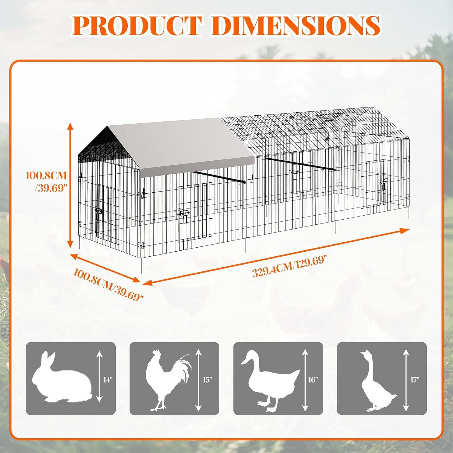 SINGES Large Metal Chicken Coop, 130''x40'' Chicken Cage Hen House with Waterproof Cover