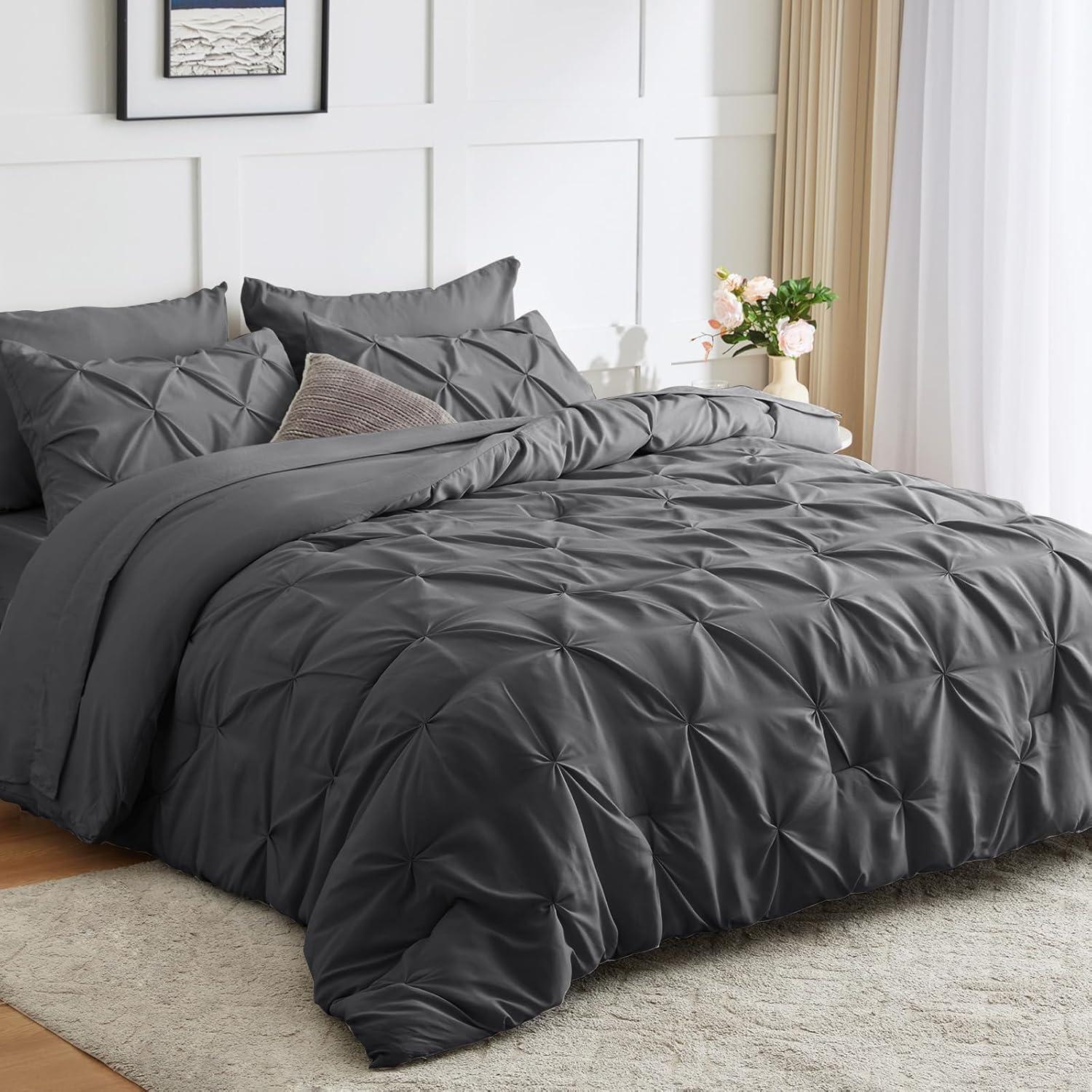 Dark Grey Pintuck Queen Bed in a Bag Set