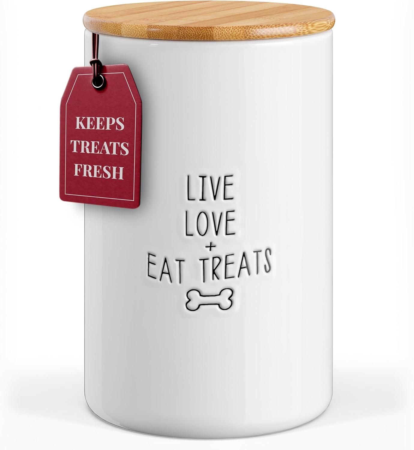 White Ceramic Airtight Dog Treat Jar with Bamboo Lid