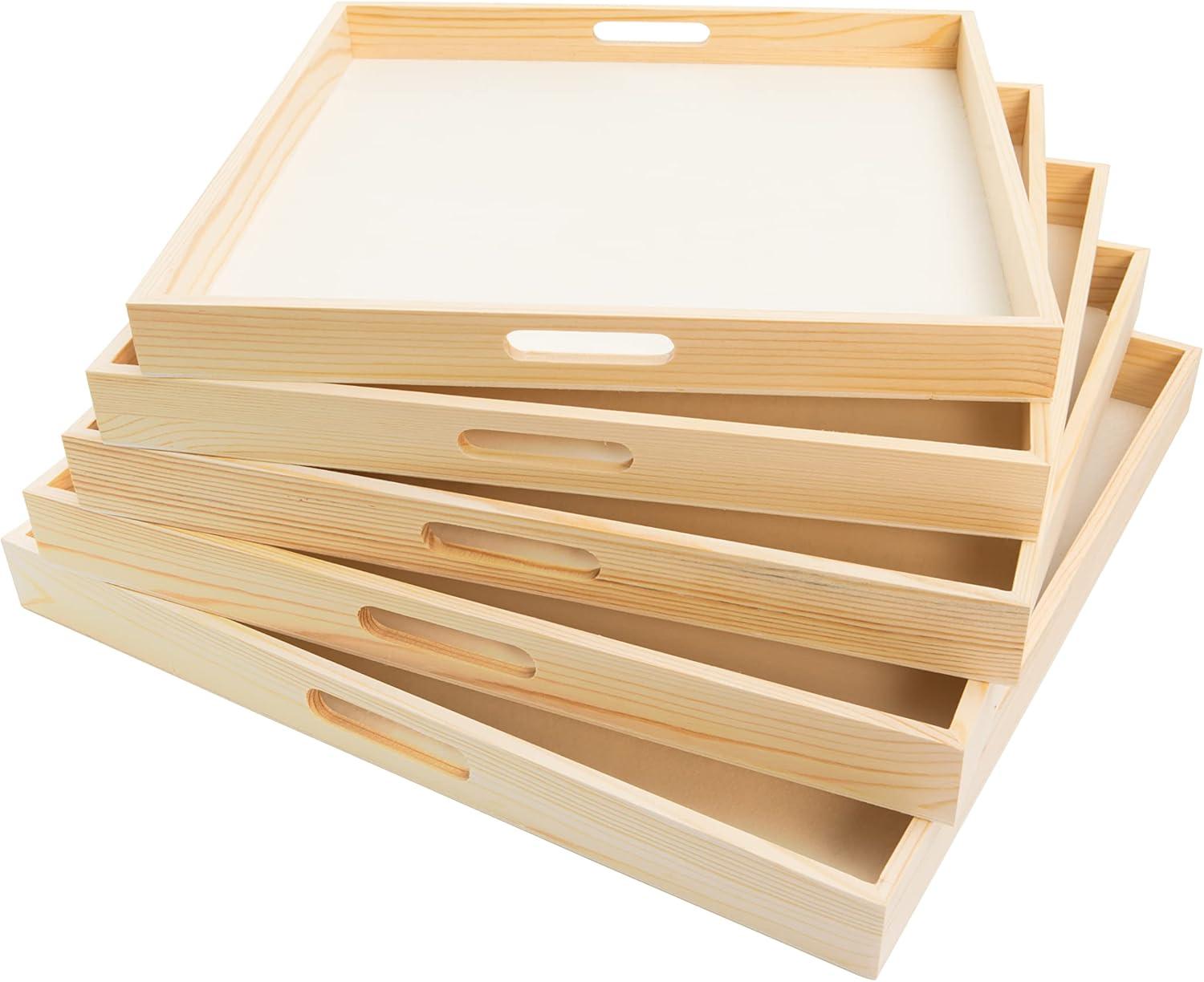 Natural Wood Rectangular Nested Serving Trays with Handles, Set of 5