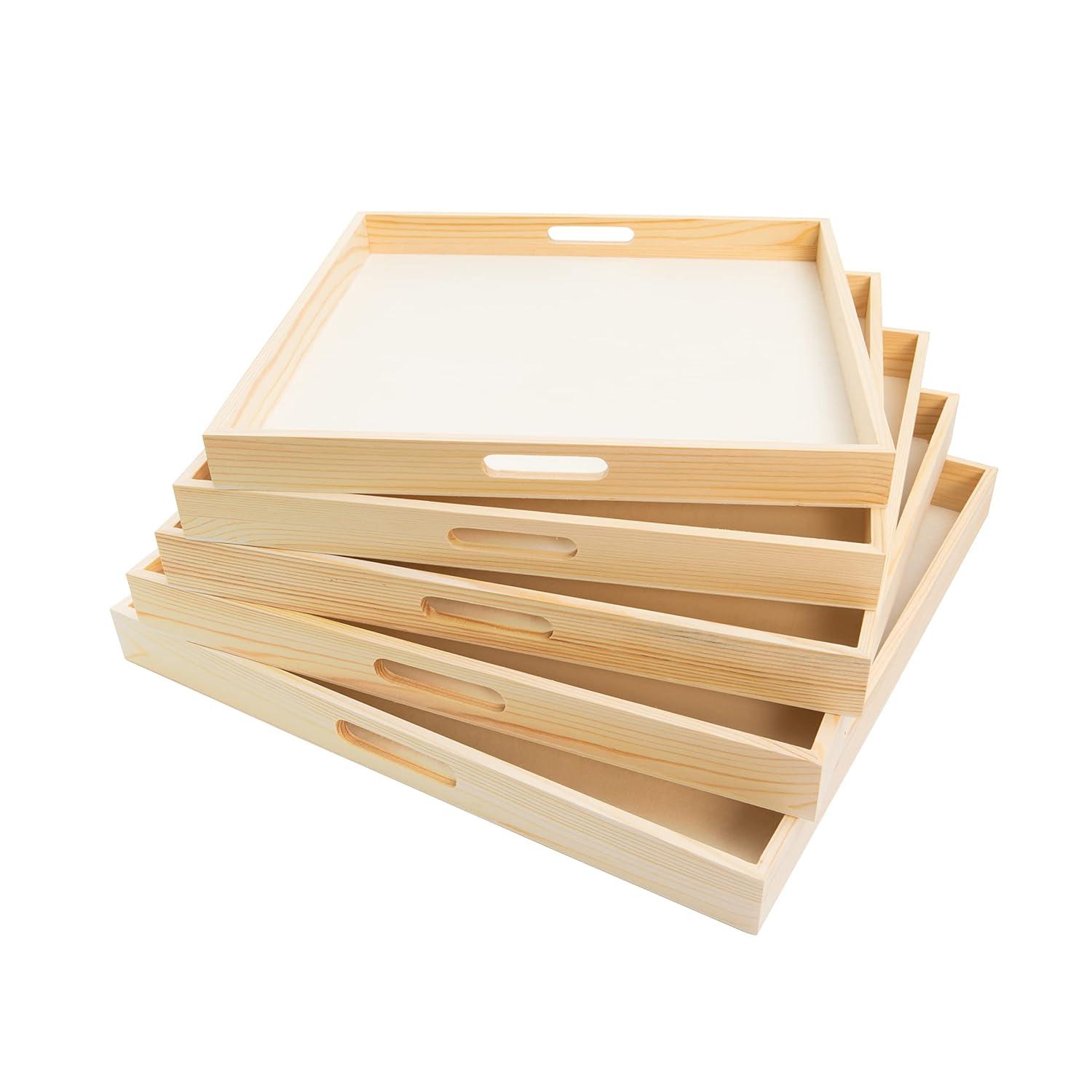 Natural Wood Rectangular Nested Serving Trays with Handles, Set of 5