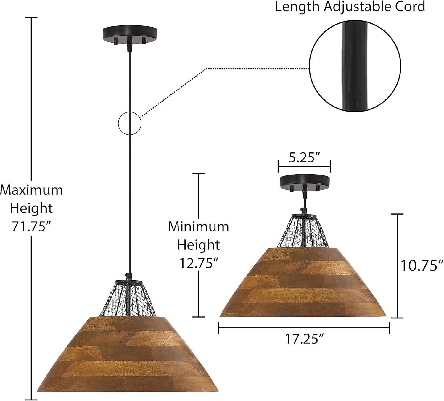 River of Goods 17.25" 1-Light Alainia Black Metal and Walnut-Stained Wood Pendant Light: Satin Finish, UL Listed, Adjustable Height