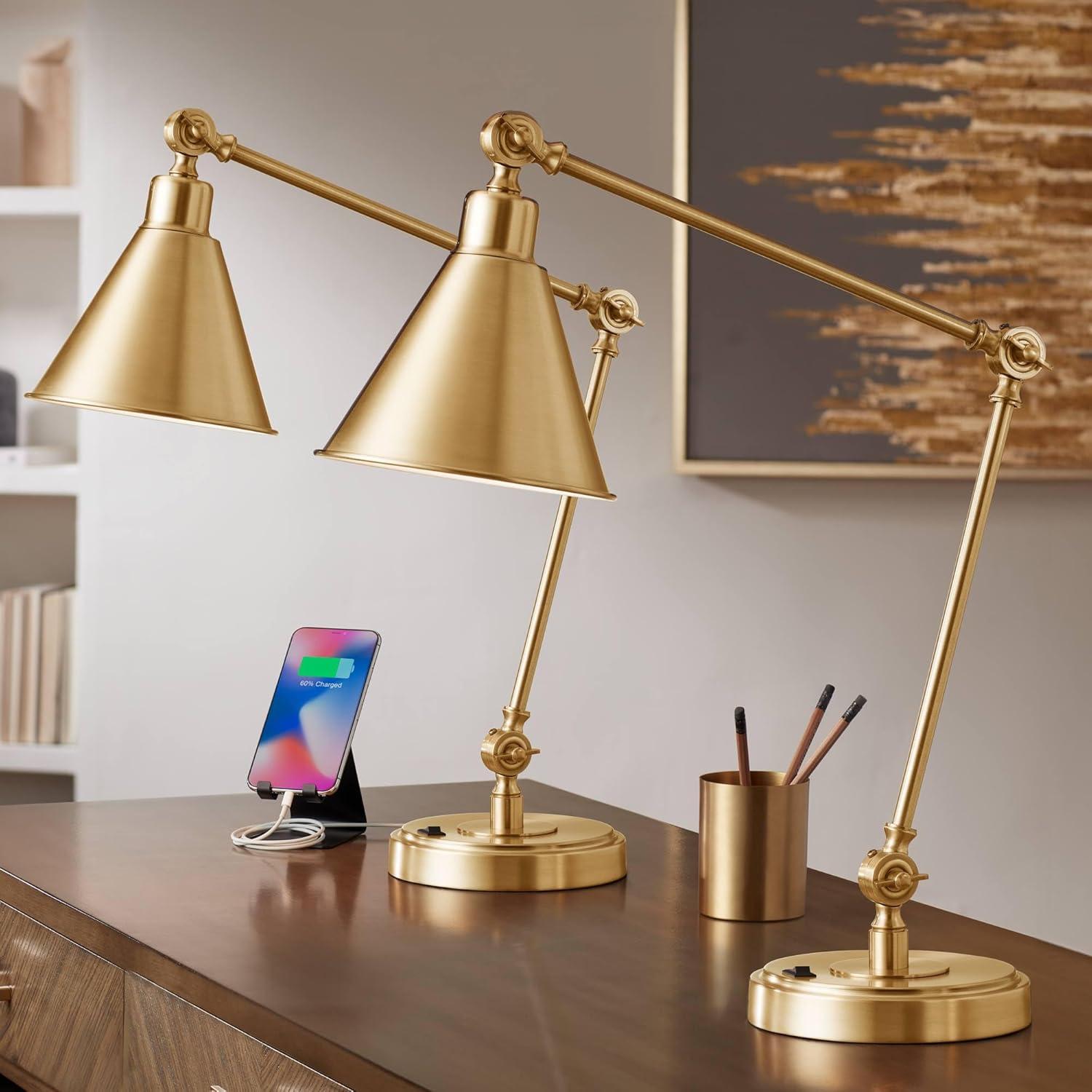 360 Lighting Wray 26 3/4" Tall Modern Desk Lamps Set of 2 USB Port Adjustable Warm Antique Gold Finish Metal Home Office Living Room Charging Bedroom