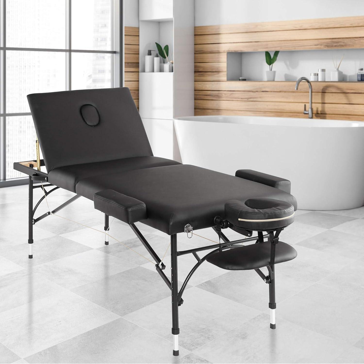 Black Portable Tri-Fold Massage Table with Aluminum Legs