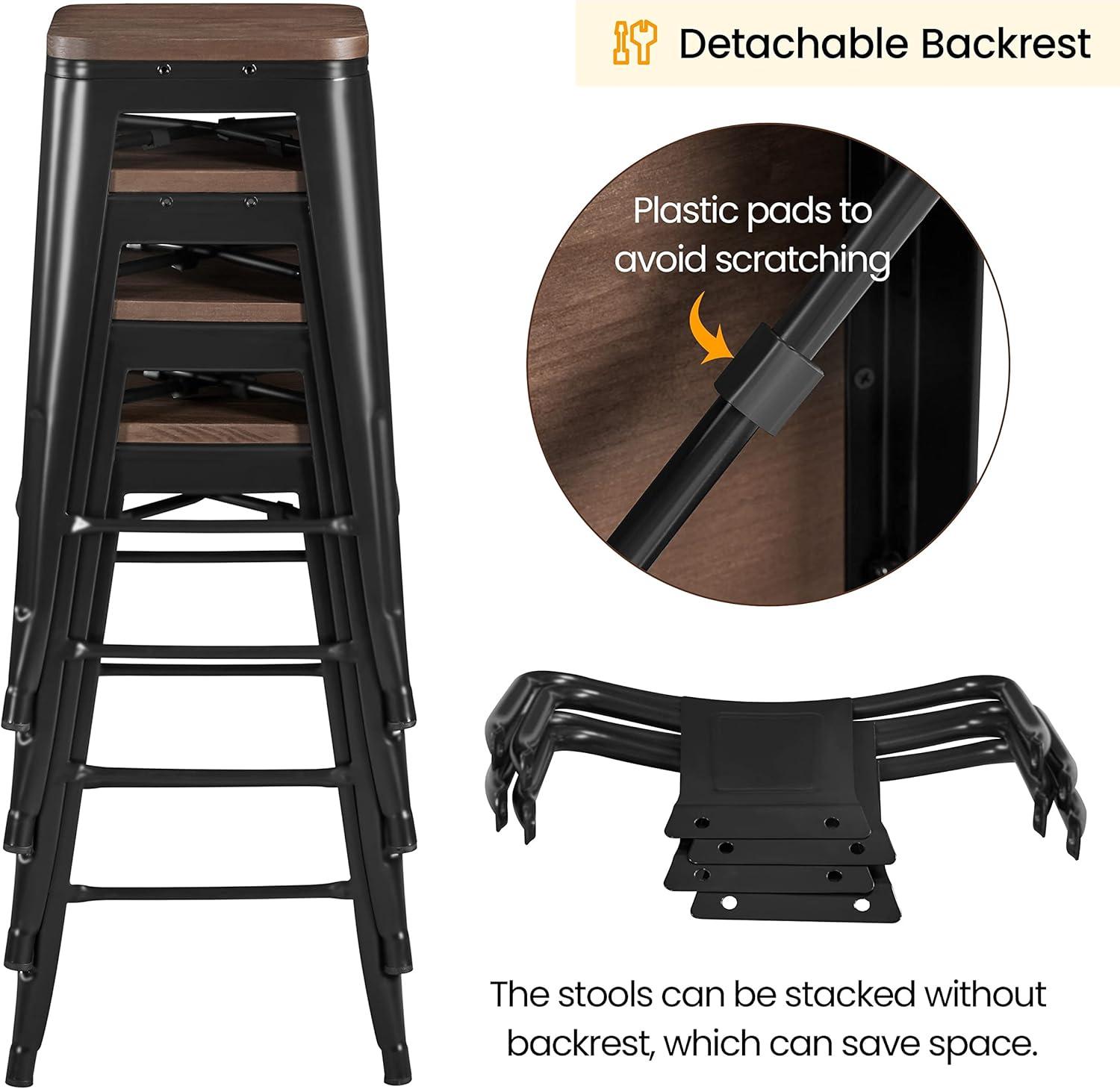 Killeryuki 24'' Metal Bar Stool 4PCS Low Back Conuter Stools for Indoor/Outdoor Barstools Metal Black Stools Bar Chairs w/Wooden Seat Metal Leg Industrial Counter Height Stools Black