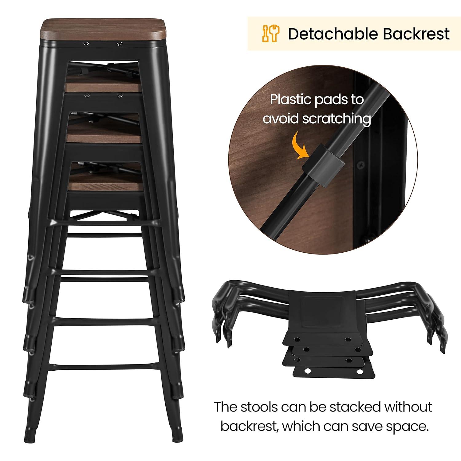 Killeryuki 24'' Metal Bar Stool 4PCS Low Back Conuter Stools for Indoor/Outdoor Barstools Metal Black Stools Bar Chairs w/Wooden Seat Metal Leg Industrial Counter Height Stools Black