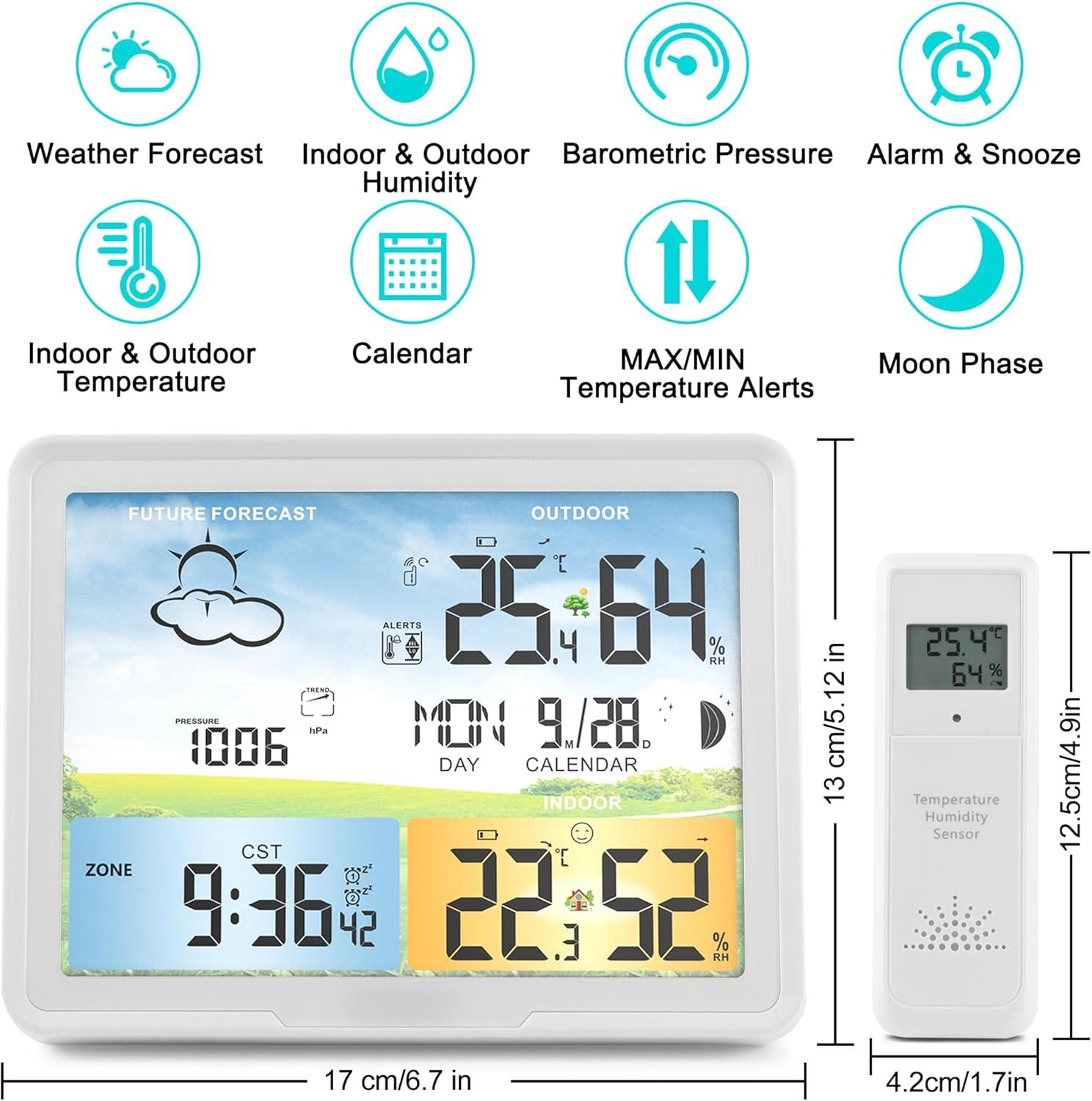 Weather Station Wireless Indoor Outdoor Thermometer, Color Display Digital Thermometer Humidity Monitor with Atomic Clock, Forecast Station with Calendar and Adjustable Backlight for Home