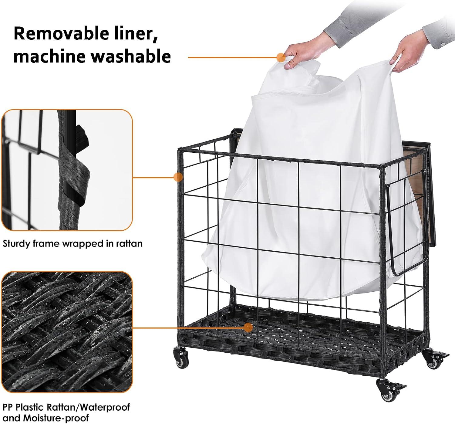 Laundry Hamper with Heavy Duty Caster Wheels; 3 Sections Clothes Hamper with Lid; 132L Laundry Basket with Removable Liner Bag; Laundry Sorter with Metal Handle (White)
