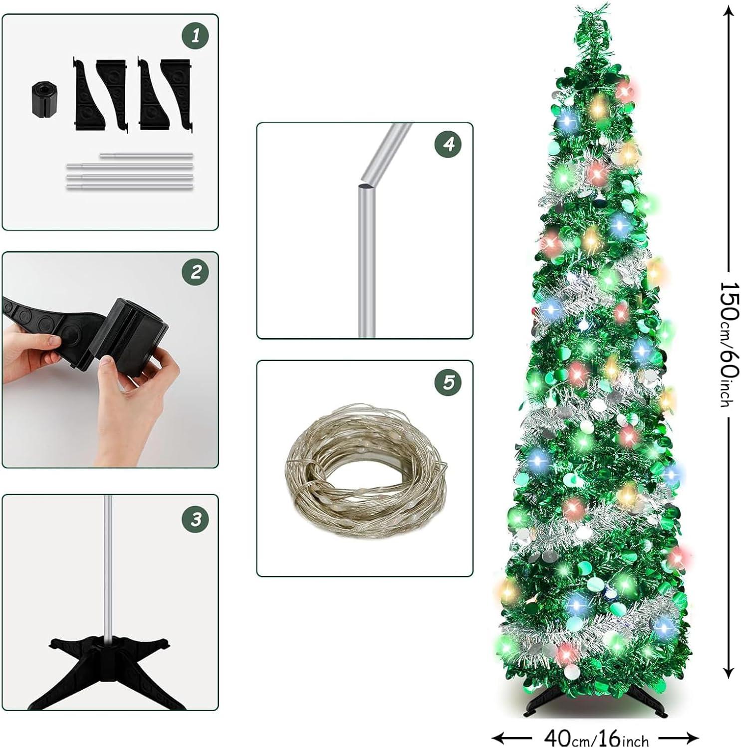 5 FT Silver Green LED Twinkling Christmas Tree with Sequin Tinsel