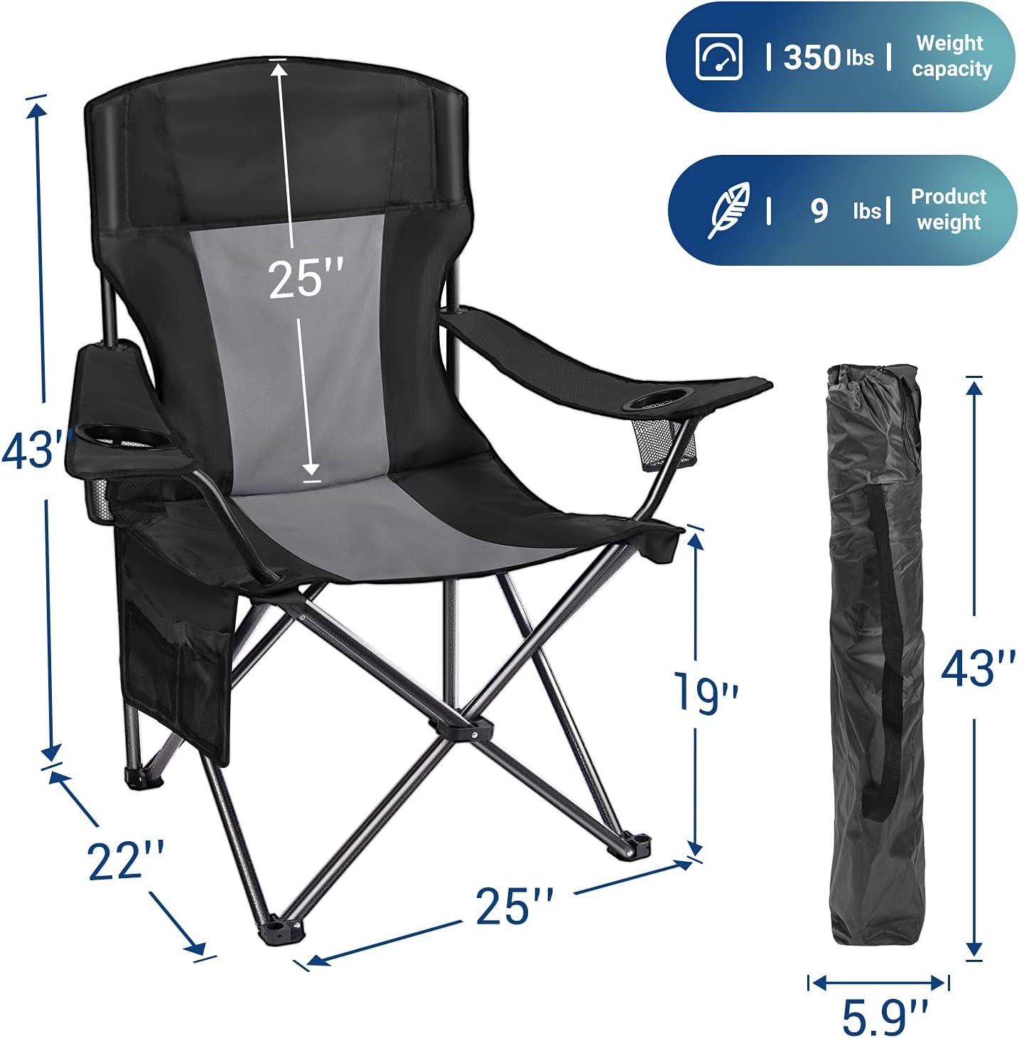 Camping Folding Chair Padded Quad Arm Chair with Large Cup Holders, Side Organizer & Back Pocket for Outdoor, Camp, Indoor, Patio, Fishing, Supports 350lbs , Black and Gray