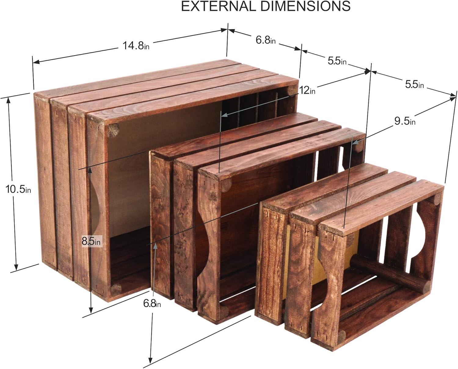 Rustic Wood Crates for decorative display, Nesting Crate set for storage and farmhouse style decor, wooden boxes made from 100% American Wood (Dark Walnut, Set of 3)