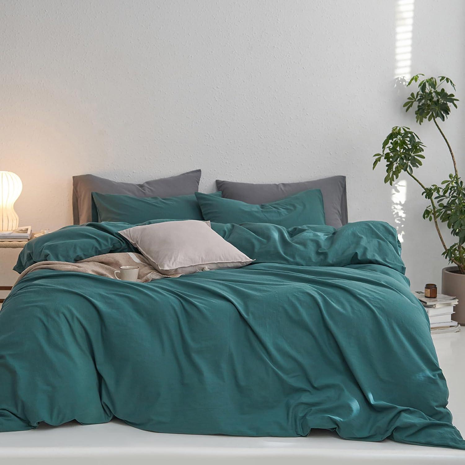 XXZH Bedding Duvet Cover Set 100% Washed Cotton Linen Like Textured Breathable Durable Soft Comfy