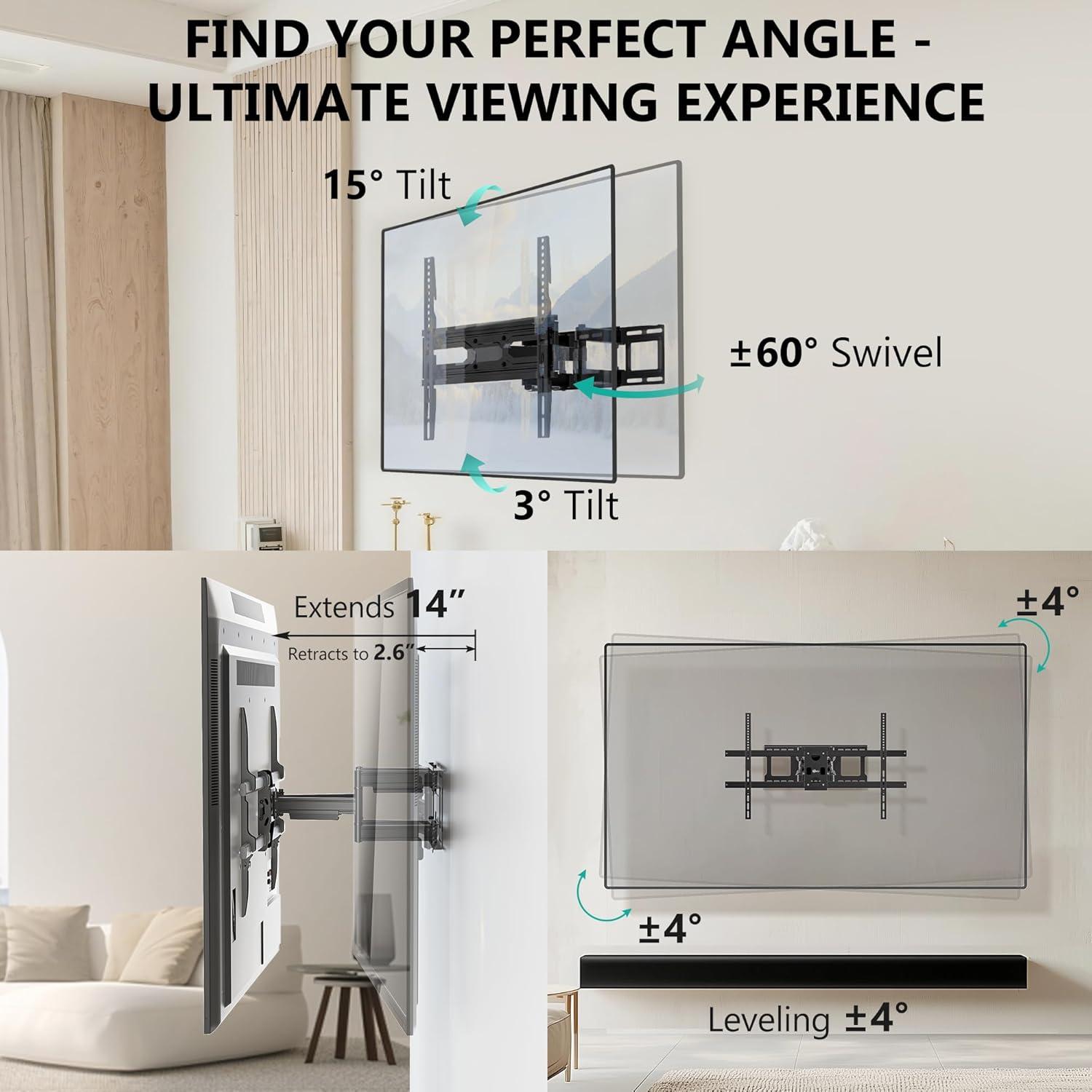 WALI TV Wall Mount for Most 32-70 inch Flat Curved TV, Full Motion Articulating Arm TV Bracket for LED, LCD, OLED Screen TVs up to 88lbs, Mounting Holes 400x400mm (FTM-2), Black