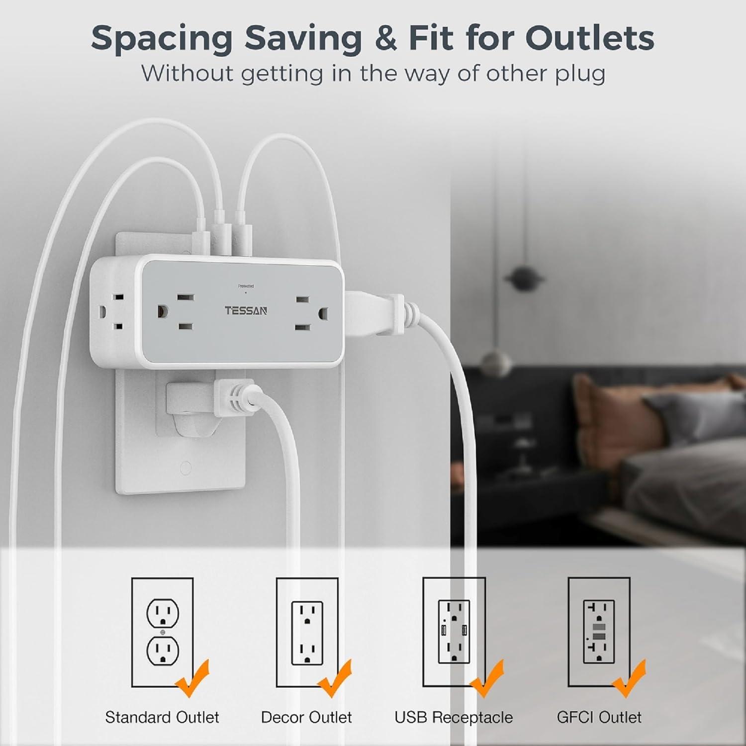 Outlet Extender Surge Protector, TESSAN Multi Wall Plug with 4 AC Electrical Outlets, 3 Sided Multiple Plug Expander, 1875W Max, Power Splitter 3 Prong Adapter for Home Bathroom Office Dorm Room