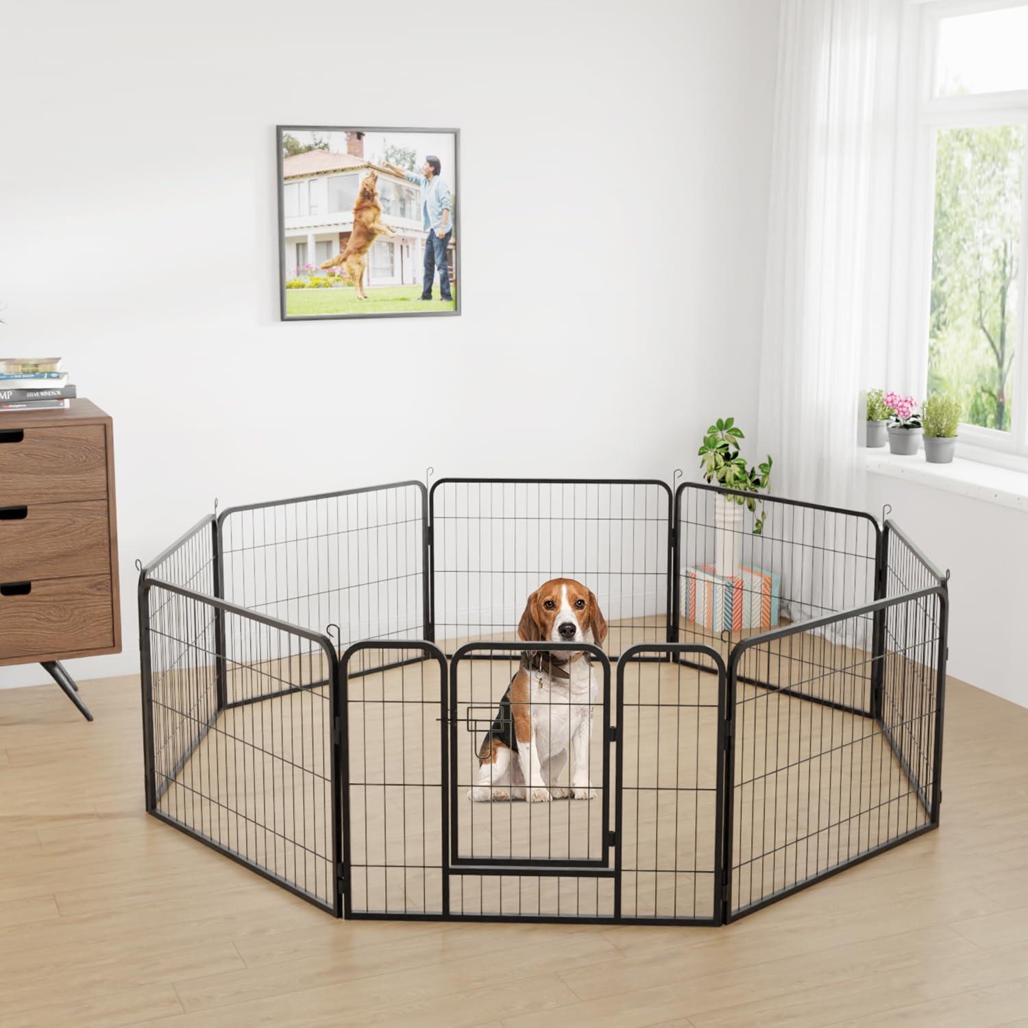 Black Metal 8-Panel Foldable Dog Playpen with Latch