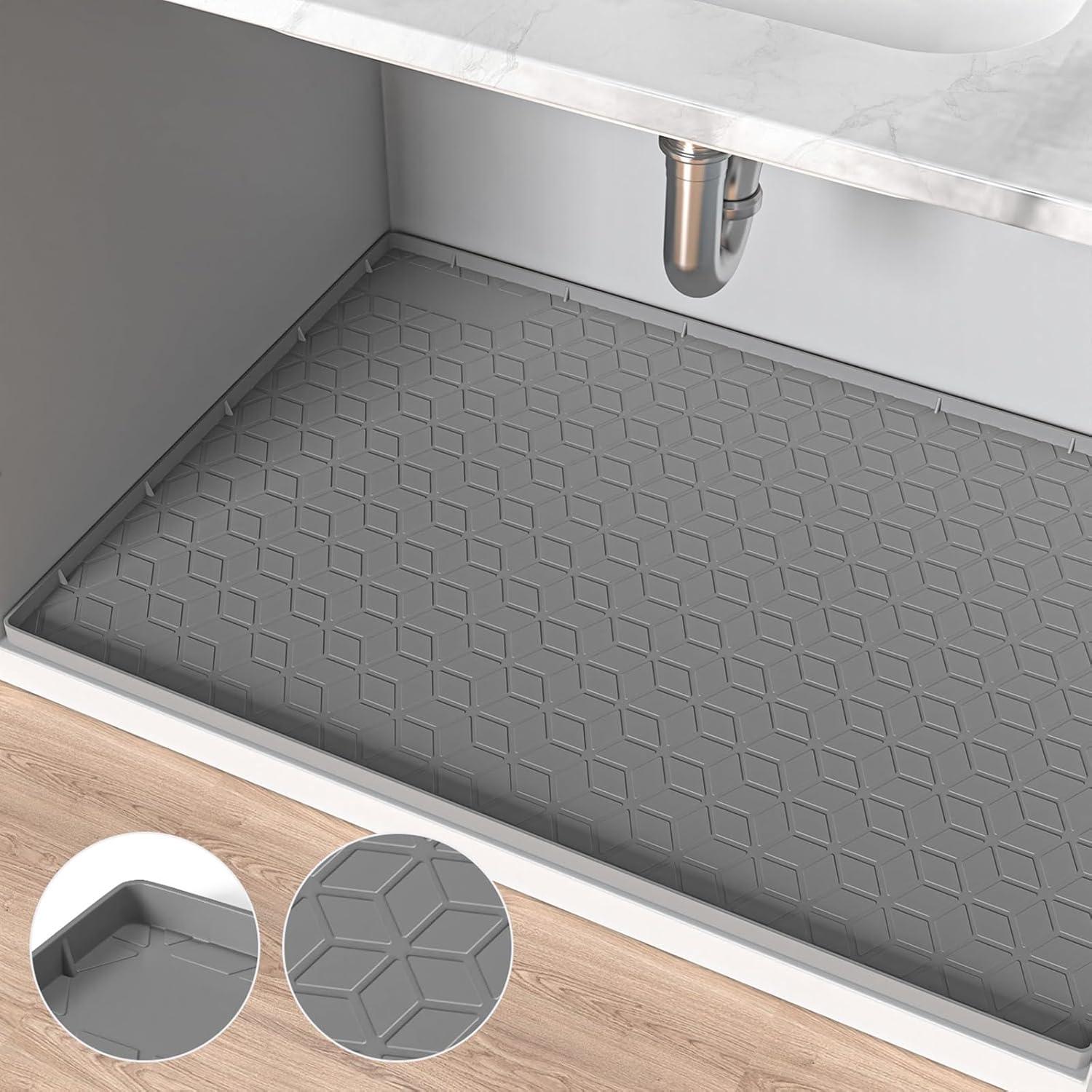 Under Sink Mat, 34" x 22" Waterproof Silicone Under Sink Tray for Kitchen & Laundry Cabinets, Kitchen Cabinet Shelf Protector, Up to 3.3 Gallons Liquid, Fits 36 inch Standard Cabinet (Grey)