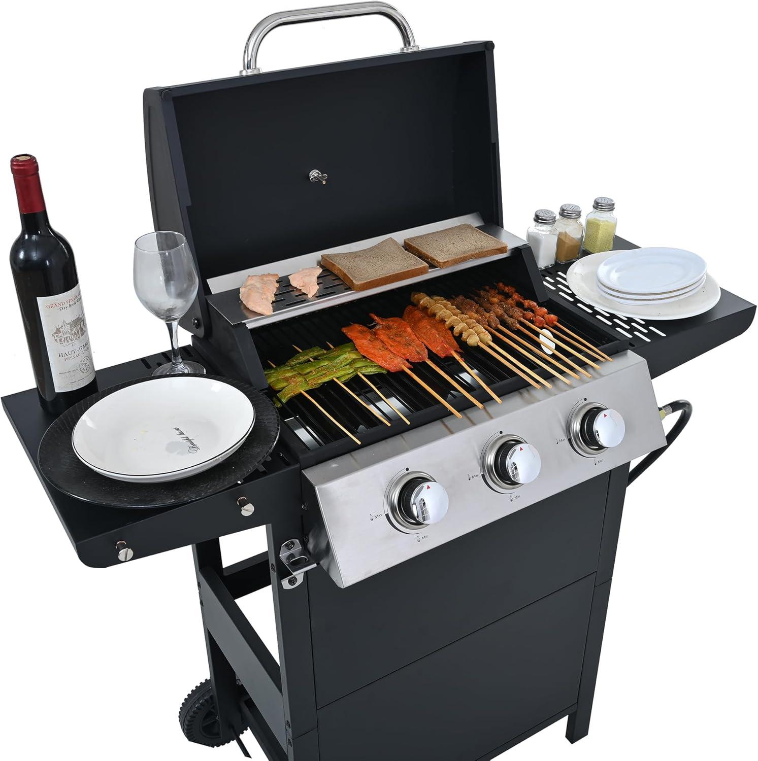 3-Burner Black Stainless Steel Propane Gas Grill with Side Burner