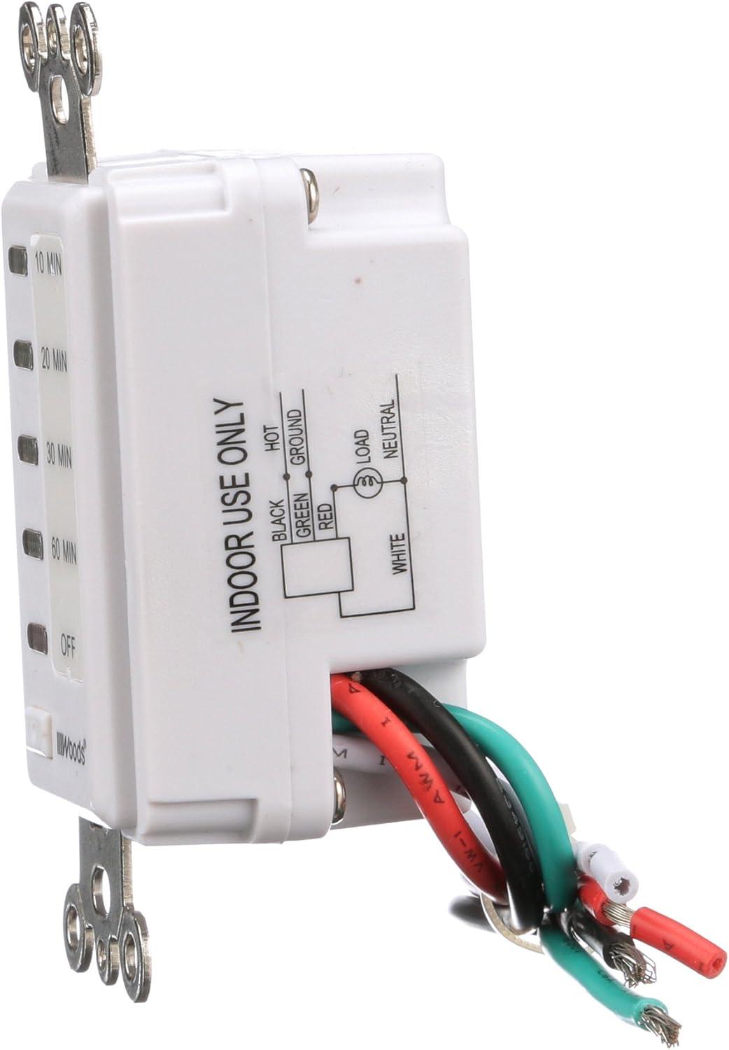 Woods 59008 Decora Style 60-30-20-10 Minute Preset Wall Switch Timer, White, 60-Minute