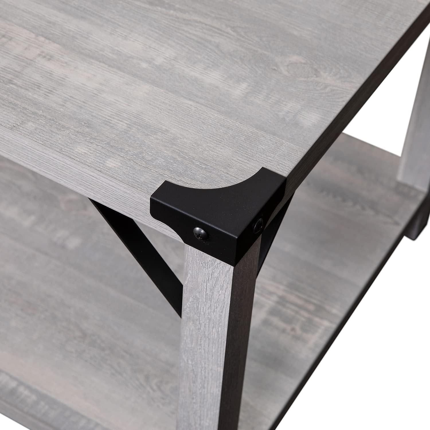Flash Furniture Wyatt Modern Farmhouse Wooden 2 Tier Coffee Table with Black Metal Corner Accents and Cross Bracing, Aspen Gray