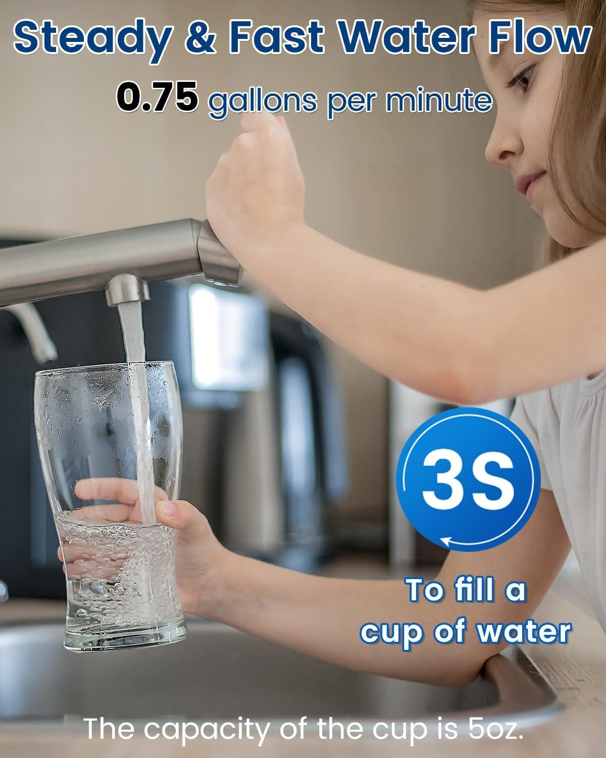 Under Sink Water Filter System ,NSF/ANSI 42 Certified Water Purifier, 28000 Galloons Large Flow Flux, Reduces PFAS, PFOA/PFOS, Chlorine, Bad Odors, Direct Connect to Kitchen Faucet, Q5-C2