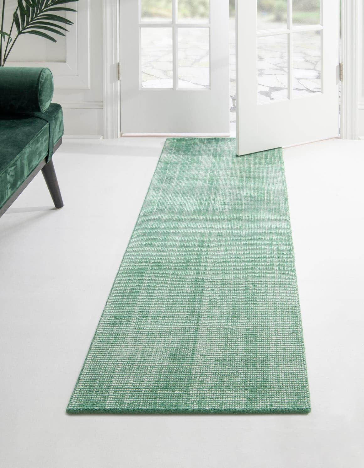 Hand-Knotted Green and Ivory Wool Runner Rug