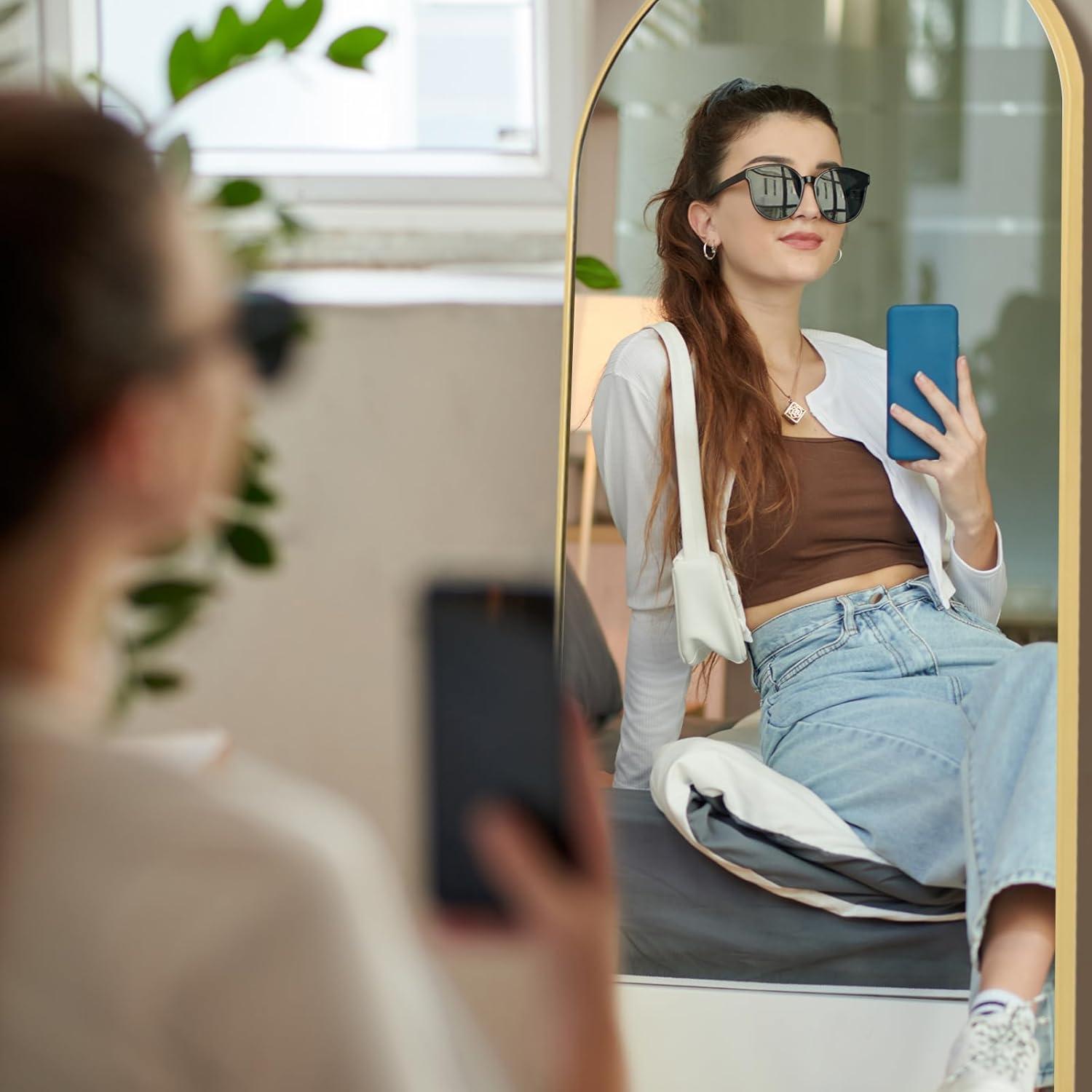 Antok Arched Full Length Mirror, 58"x18" Floor Mirror Freestanding, Floor Standing Mirror Full Body Mirror with Stand for Bedroom, Hanging Mounted Mirror for Living Room Cloakroom,Gold