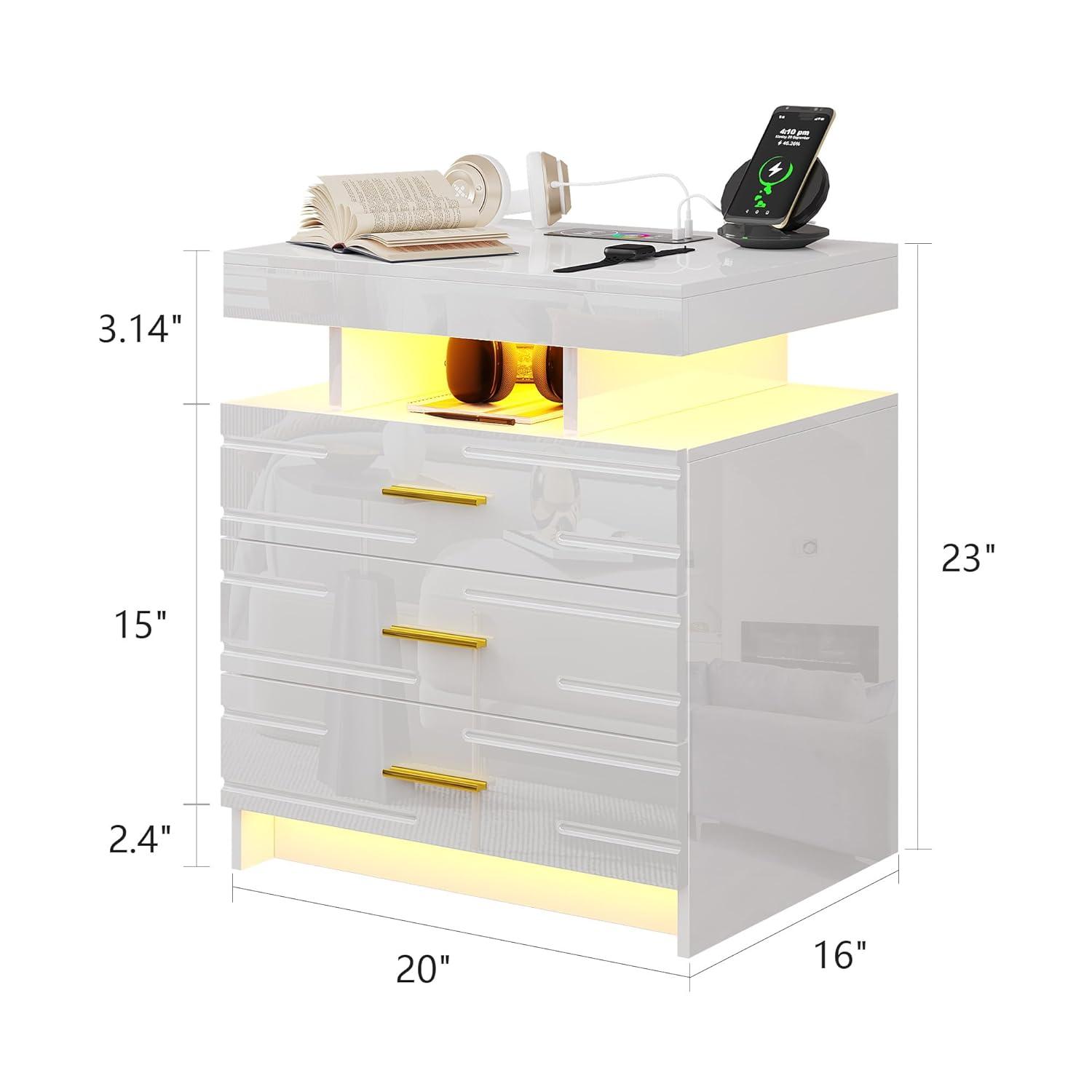 HNEBC Smart LED Nightstand with Wireless Charging & USB Ports, High Glossy Night Stand with 3 Drawers and 1 Pull-Out Tray, Modern Bedside Table with Human Sensor for Bedroom (White)