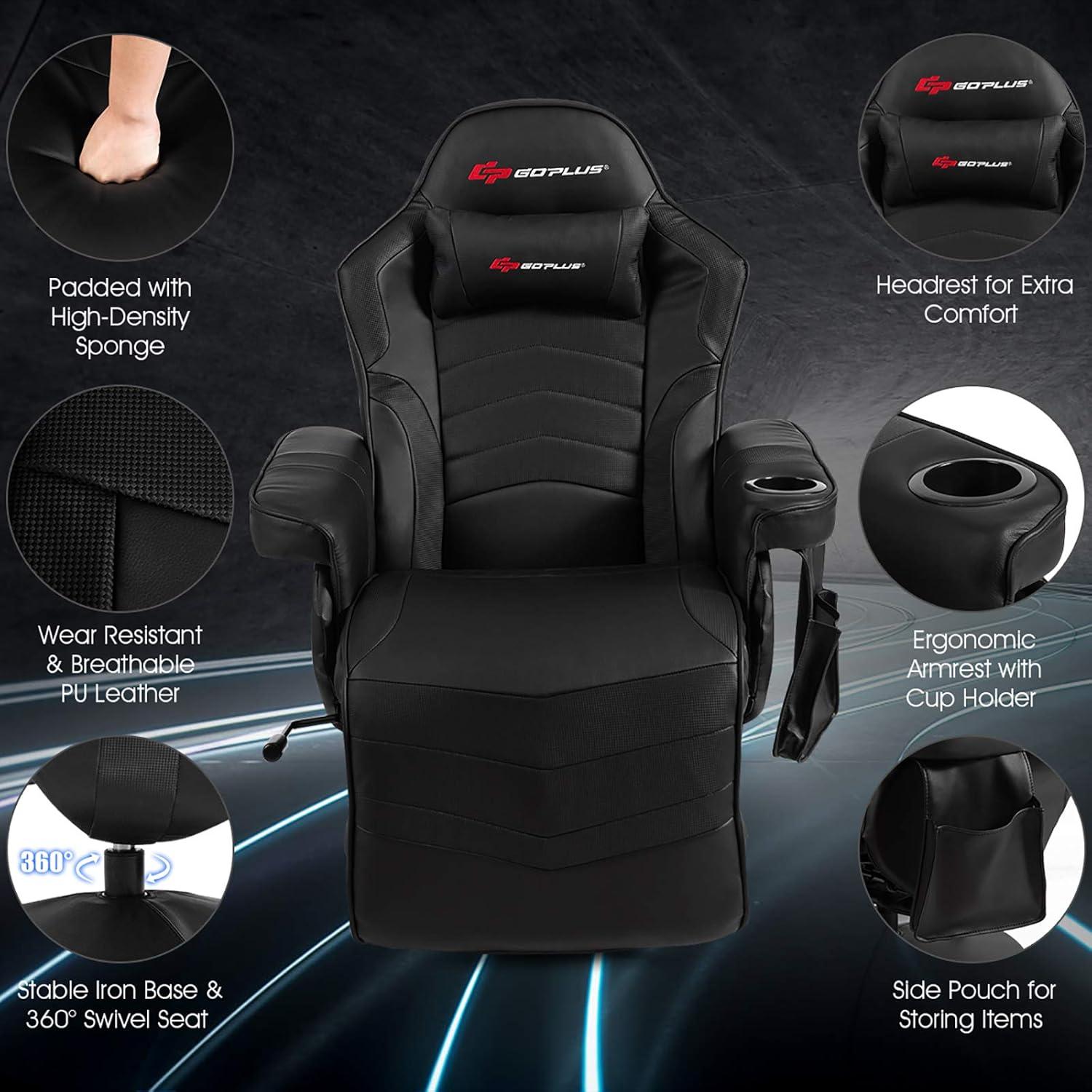 POWERSTONE Gaming Recliner Massage Gaming Chair with Footrest Ergonomic PU Leather Single Sofa with Cup Holder Headrest and Side Pouch, Adjustable Living Room Chair Seating, Black