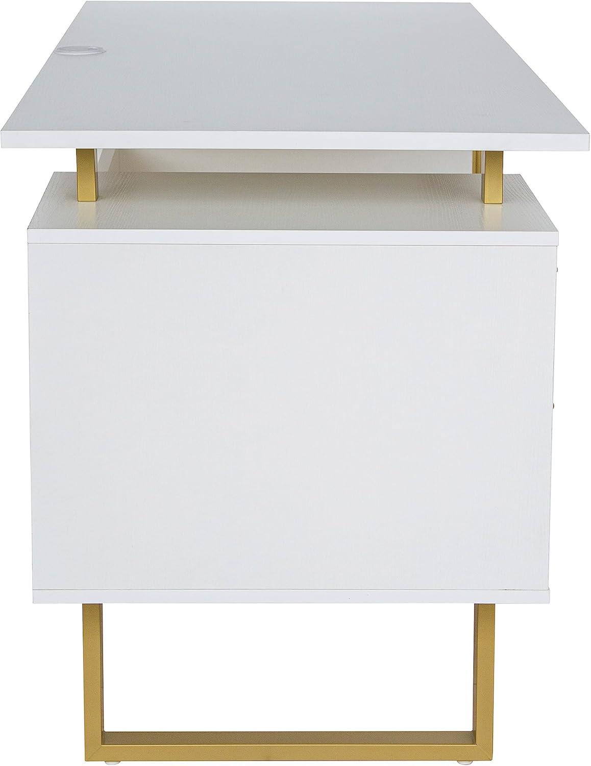 Techni Mobili Modern Adult Office Desk with Drawers and Storage, 51.25”W, White/Gold RTA-7002-GLD