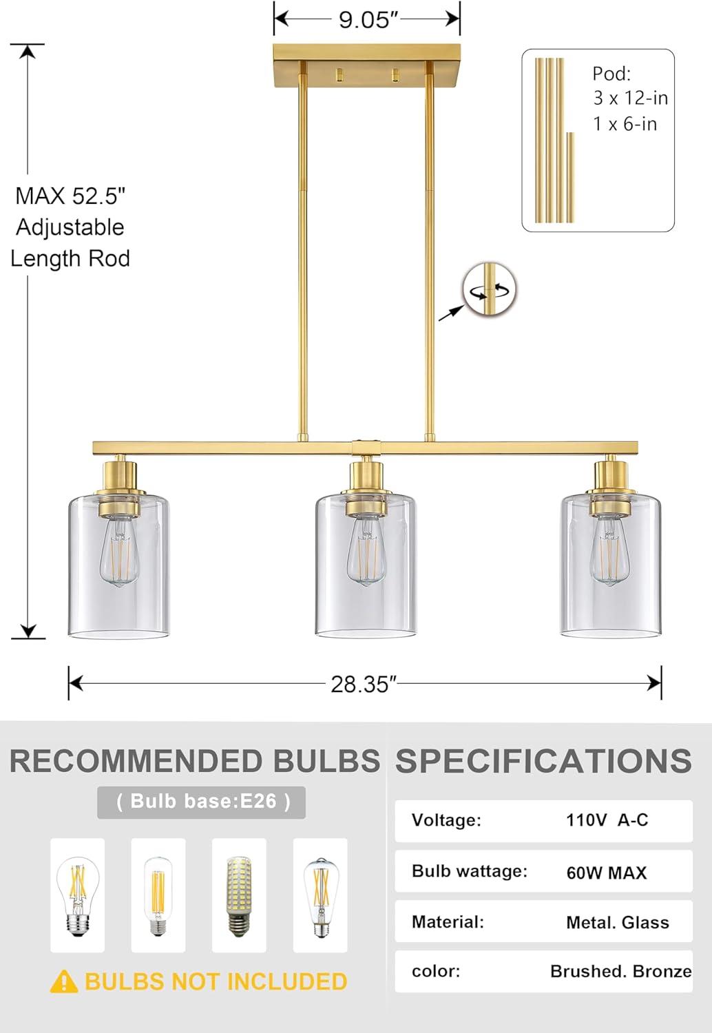 3-Light Pendant Lighting Clear Glass Pendant Lighting for Kitchen Island Brushed Nickel Hanging Light Fixture Pendant Light Dining Room Chandelier Farmhouse