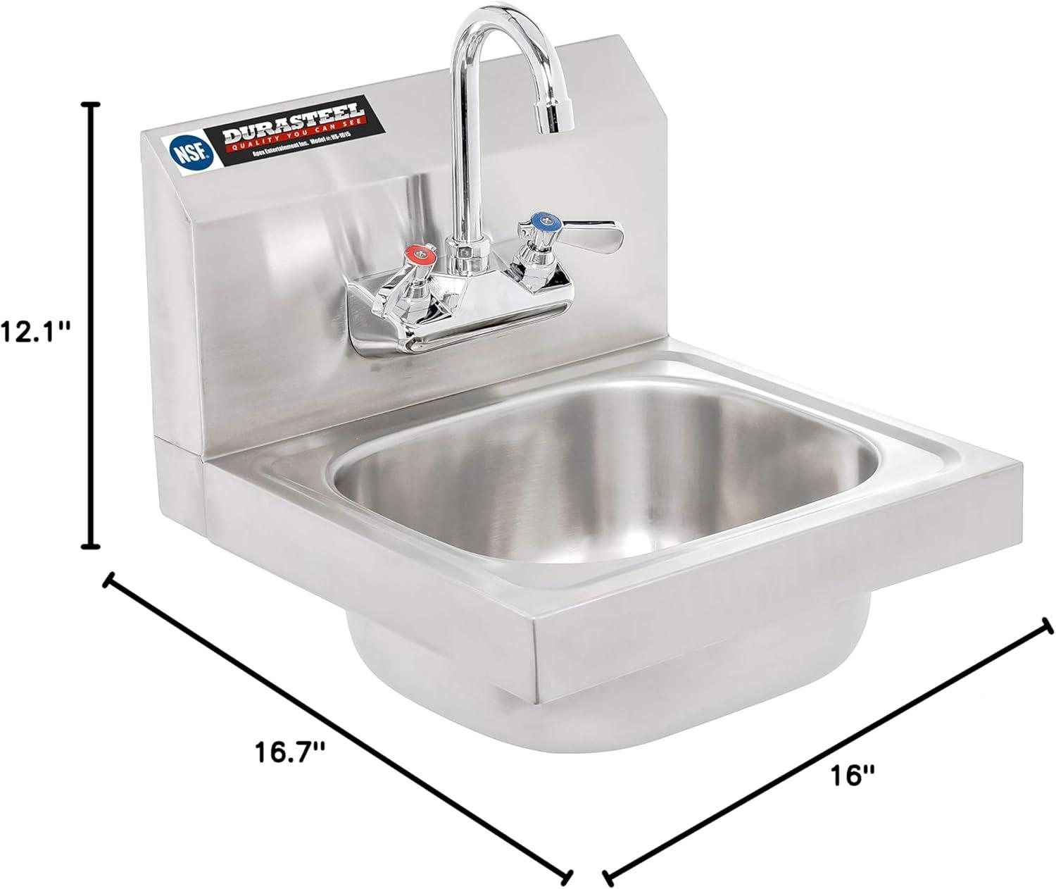 DuraSteel Stainless Steel Sink - NSF Commercial Wall Mount Kitchen Sink - Small Hand Sink with 12" x 10" x 5.5"D Wash Basin - With Sink Strainer and Faucet - For Laundry, Restaurants, Bars, and More