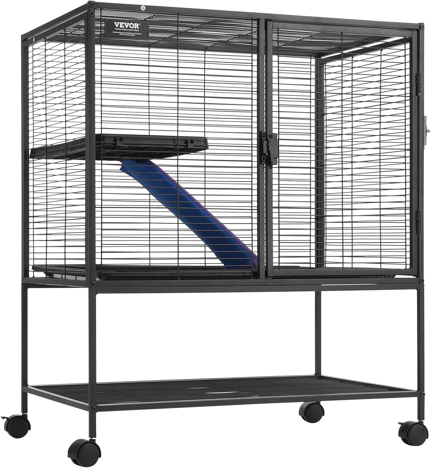 VEVOR 36-Inch 2-Tier Metal Small Animal Cage with Tray and Ramp - Rolling Ferret Cage