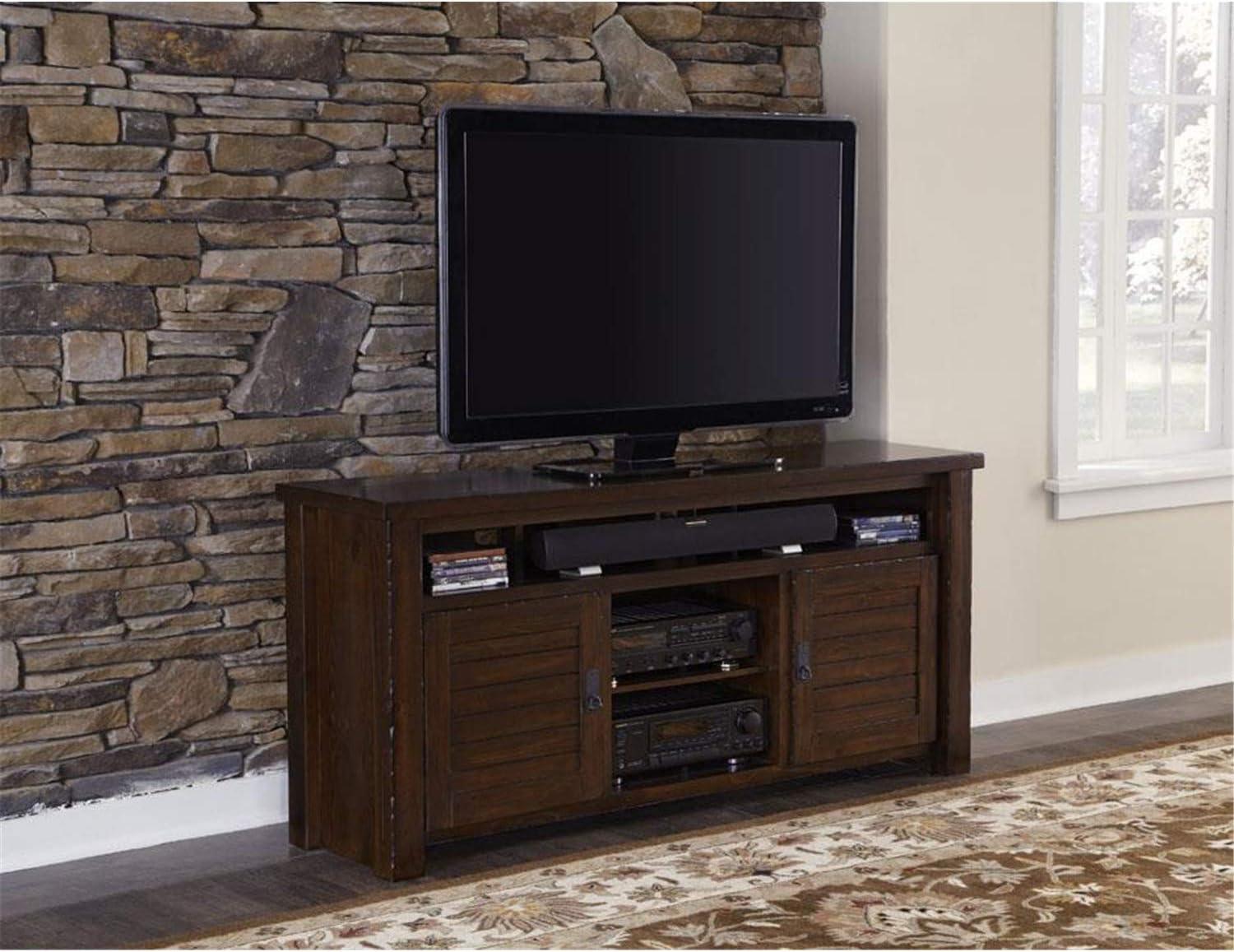 Colonial Mesquite Pine 64" TV Stand with Glass Cabinet Doors