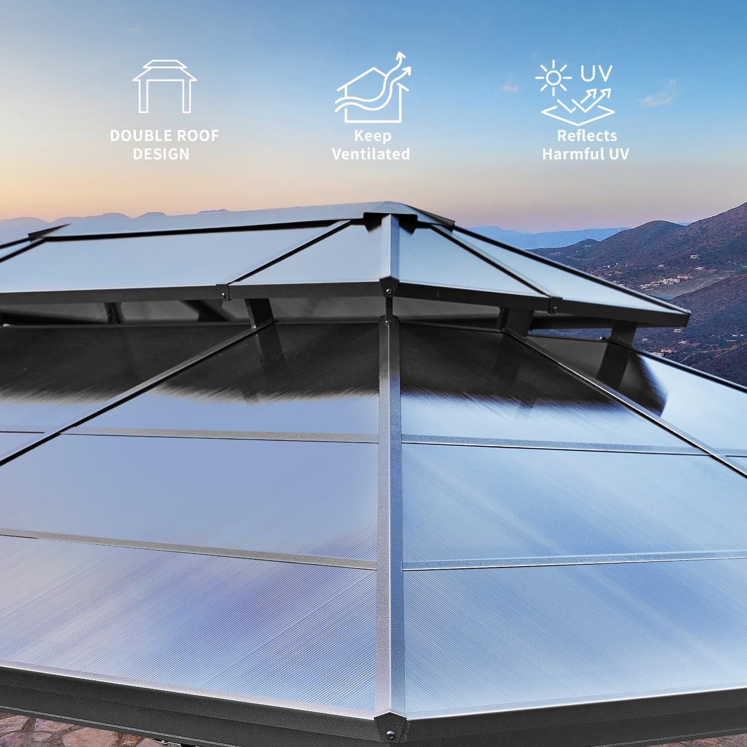 VIVOHOME 10' x 13' Double Roof Hardtop Gazebo, Polycarbonate Roof & Aluminum Alloy Frame with Netting & UV-Proof Privacy Curtain