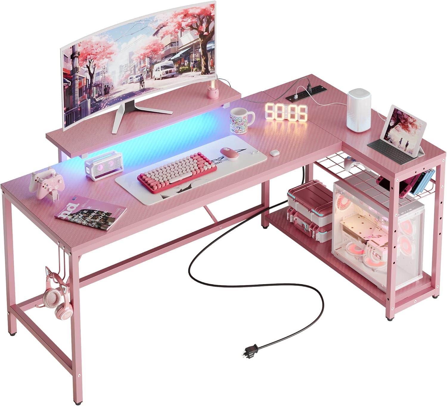 Pink L-Shaped Gaming Desk with LED Lights and Power Outlets