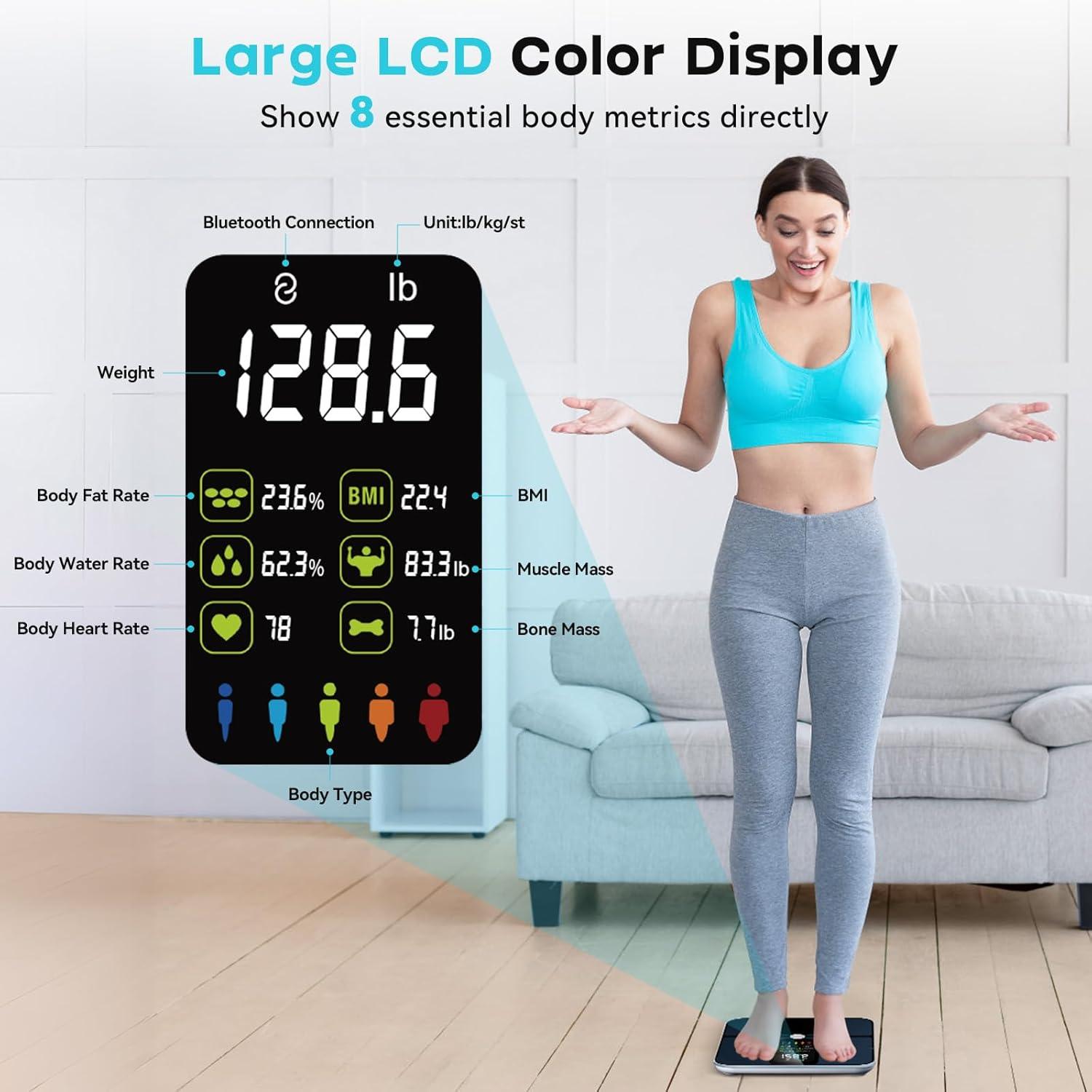 CHWARES Rechargeable Weight Scale , Scale for Body Weight with Large LCD Display, Smart Digital Scale with Body Fat 15 Metrics Body Composition Analyzer for BMI Heart Rate 400lbs, Black