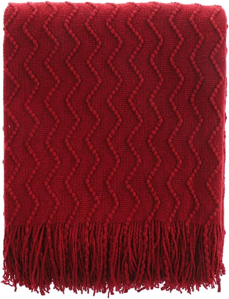 RPQZ Maroon Red Knit Throw Blanket Couch, Soft Knitted Boho Farmhouse Home Decor Woven Throw, Cozy Decorative Afghan Bed Sofa, Outdoor Summer Fall Gift Lightweight, Burgundy Wine Cranberry, 50x60