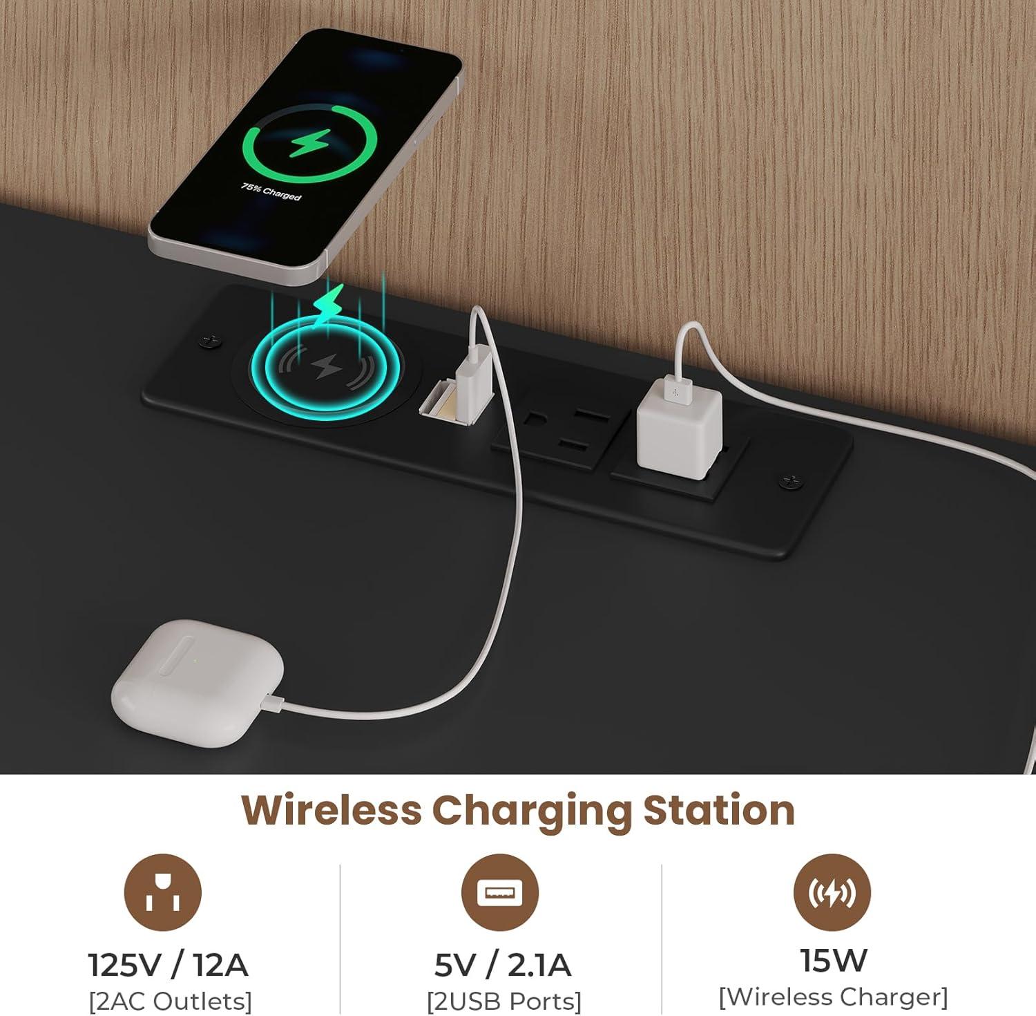Exlonjet Black Nightstand with Wireless Charging Station and LED Lights, Bedside Table with 2 Drawers, Open Storage, 1 Pull-Out Tray, End Side Table with Charging Station, LED Night Stand with Storage