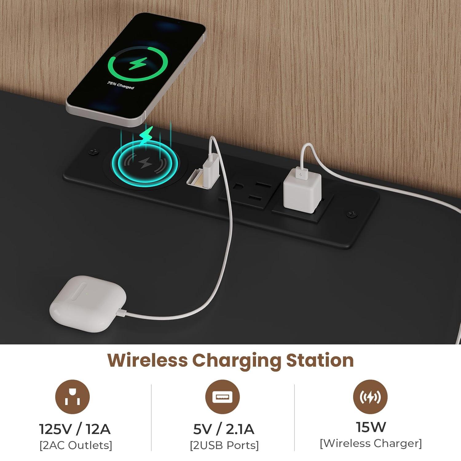 Exlonjet Black Nightstand with Wireless Charging Station and LED Lights, Bedside Table with 2 Drawers, Open Storage, 1 Pull-Out Tray, End Side Table with Charging Station, LED Night Stand with Storage