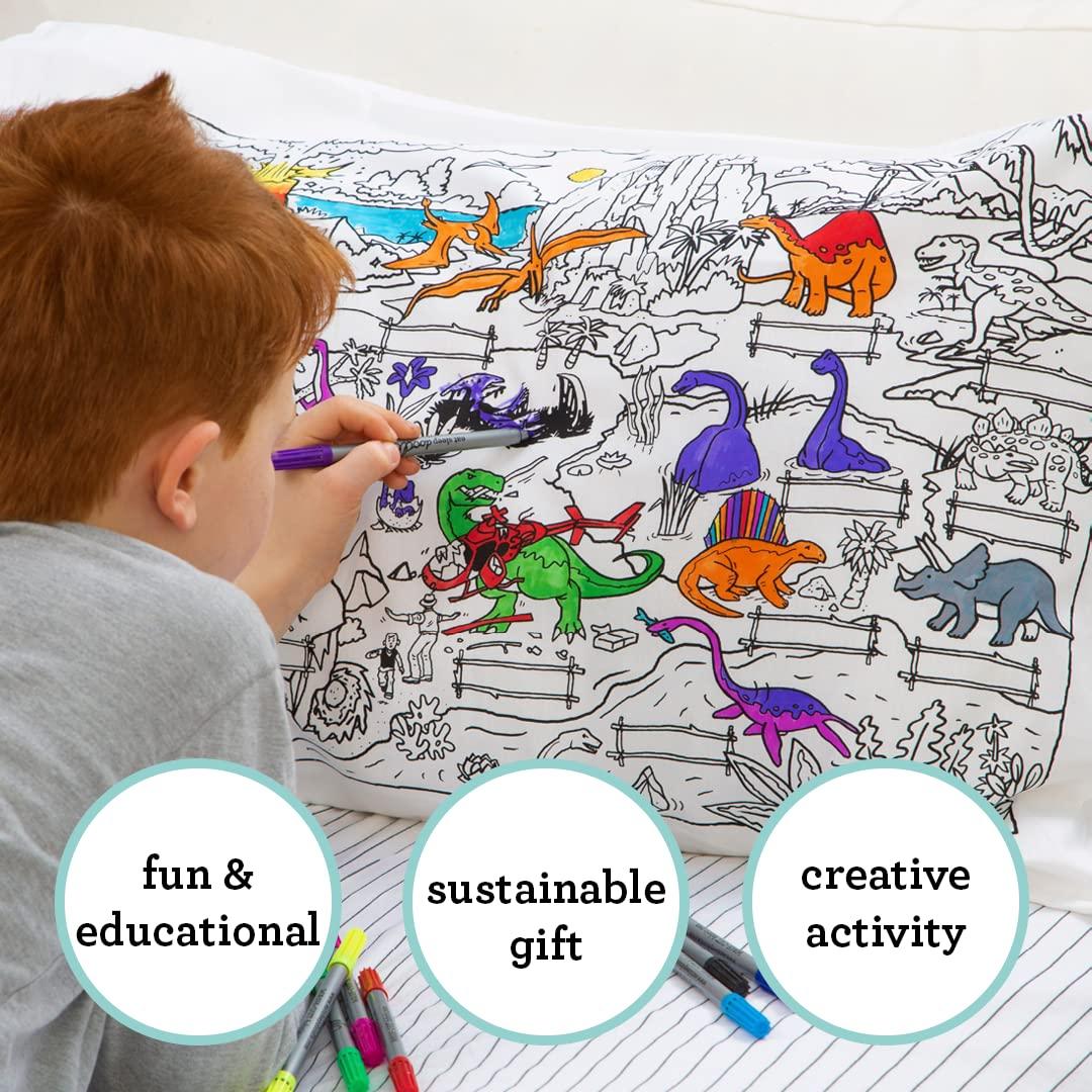 eatsleepdoodle Coloring Cotton Pillowcase with Washable Markers - Dinosaur Color in Activity Craft Kit for Boys and Girls Age 3+