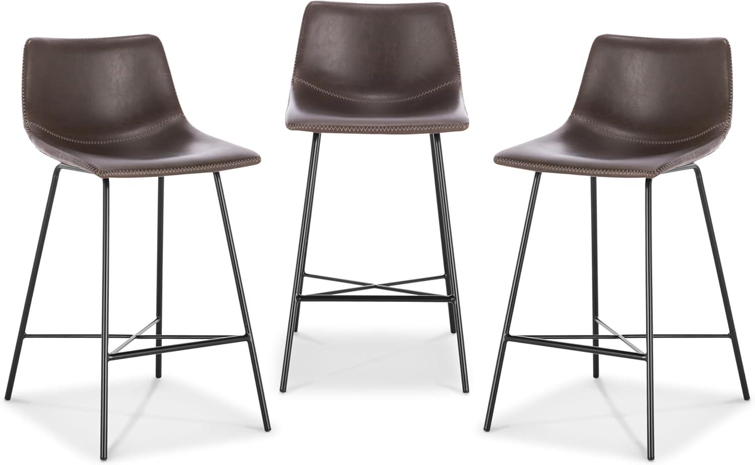 Brown Leather Saddle Style Counter Stools with Steel Legs, Set of 3