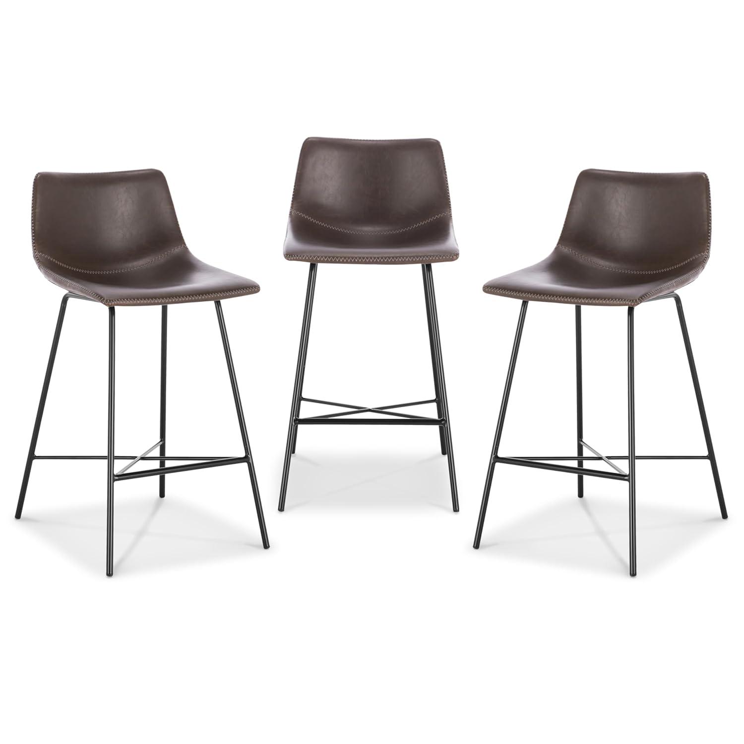 5Rcom 600 lbs Counter Height Bar Stools Set of 3, 24 Inch Faux Leather Barstools with Back, Bar Chairs with Metal Legs for Kitchen Island, Dining Room, Party Room & Restaurant, (Brown)