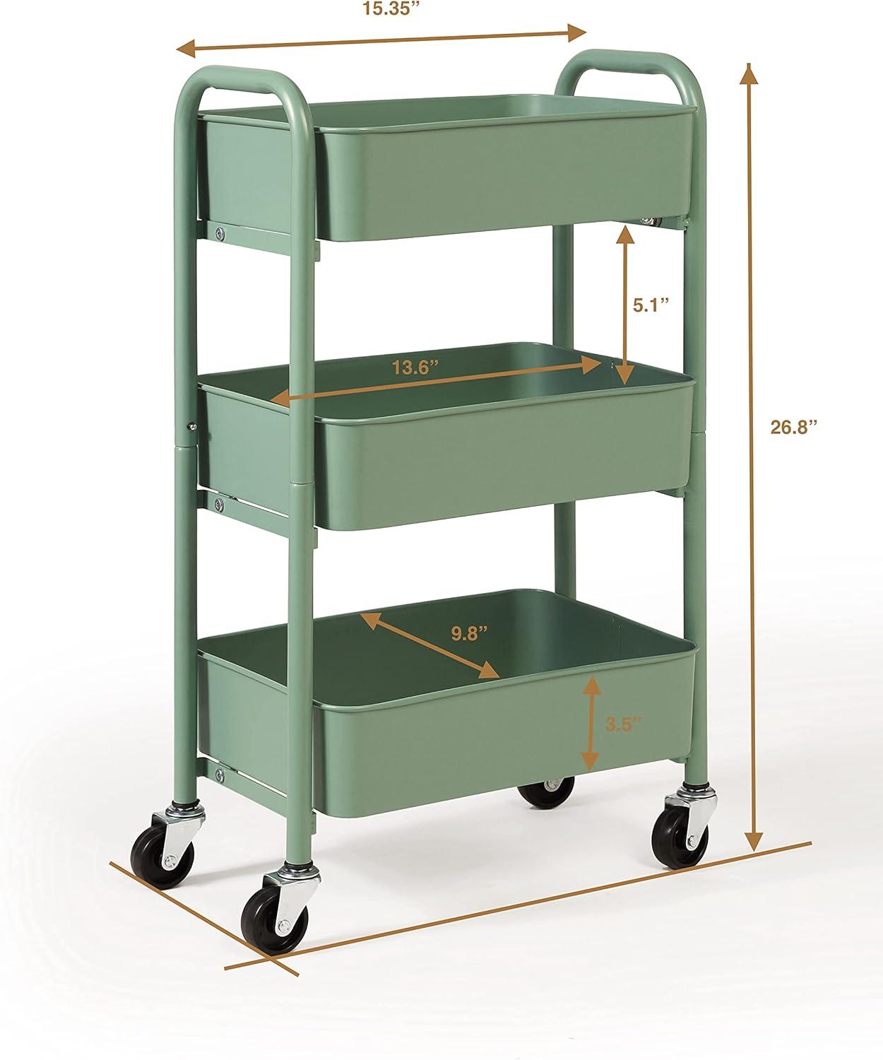 SunnyPoint 3-Tier Compact Rolling Metal Utility Cart Kitchen With Caster Wheels, TURQ