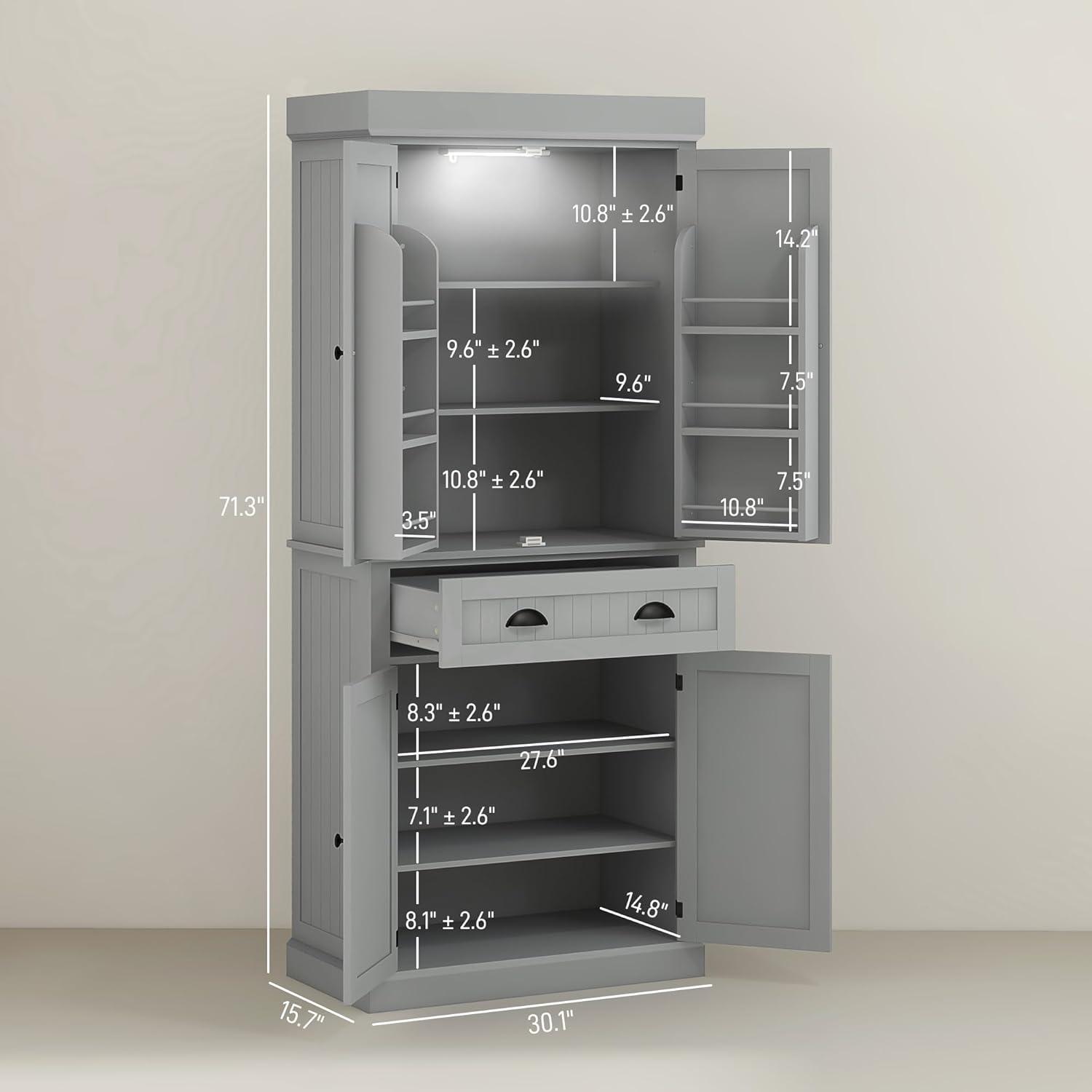 HOMCOM 71" LED Kitchen Pantry Cabinet, Tall Storage Cabinet with 6 Door Shelves, a Drawer and 4 Adjustable Shelves, Gray