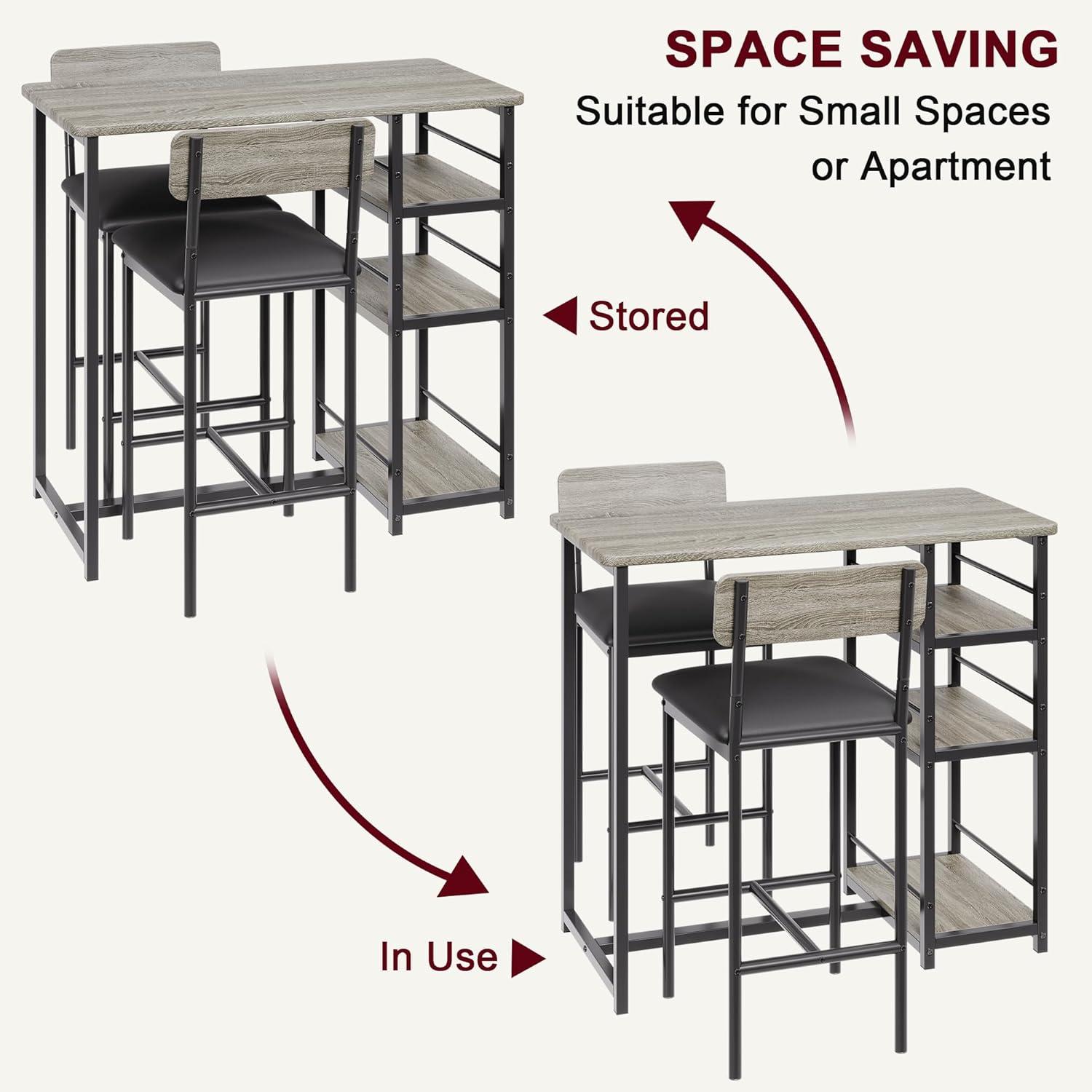 Dining Table Set for 2, Bar Table and Chairs for 2, Kitchen Table Set with 2 Upholstered Chairs, 3 Large Storage Shelves, Pub Table Set for Small Space, Apartment, Breakfast, Rustic Brown